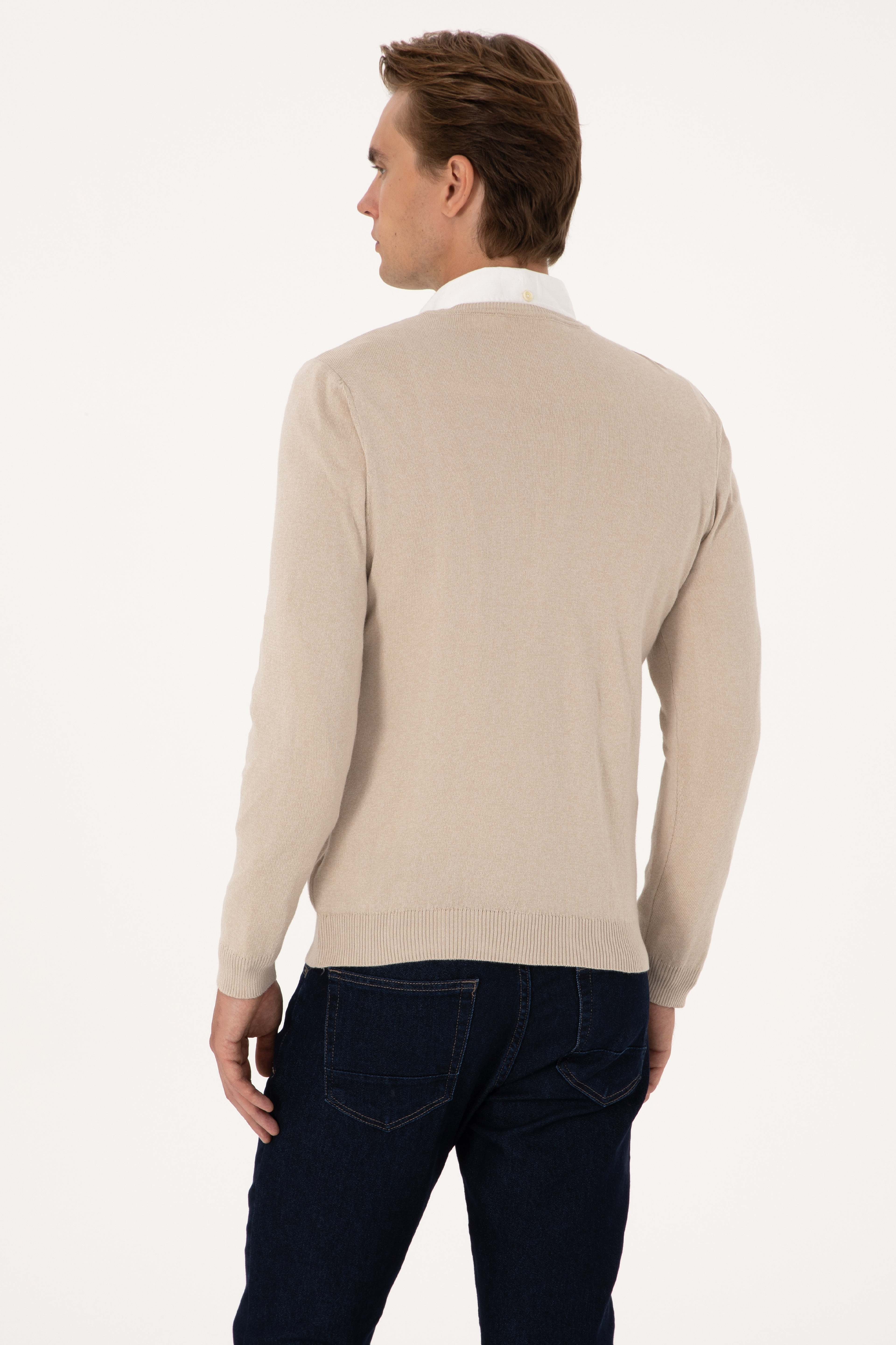 Erkek Slim Fit V Yaka Taş Melanj Basic Kazak - Image 5