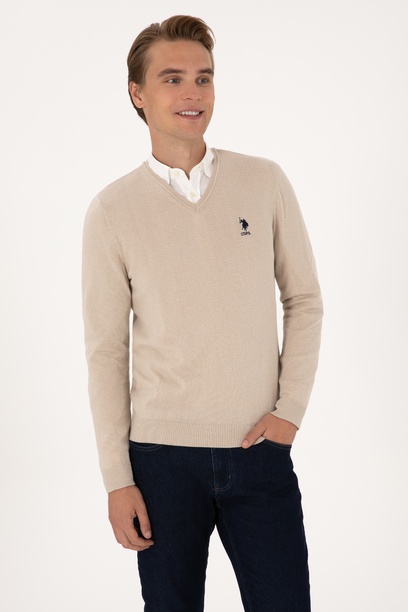 Erkek Slim Fit V Yaka Taş Melanj Basic Kazak