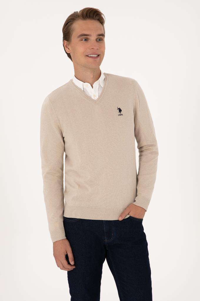 Erkek Slim Fit V Yaka Taş Melanj Basic Kazak