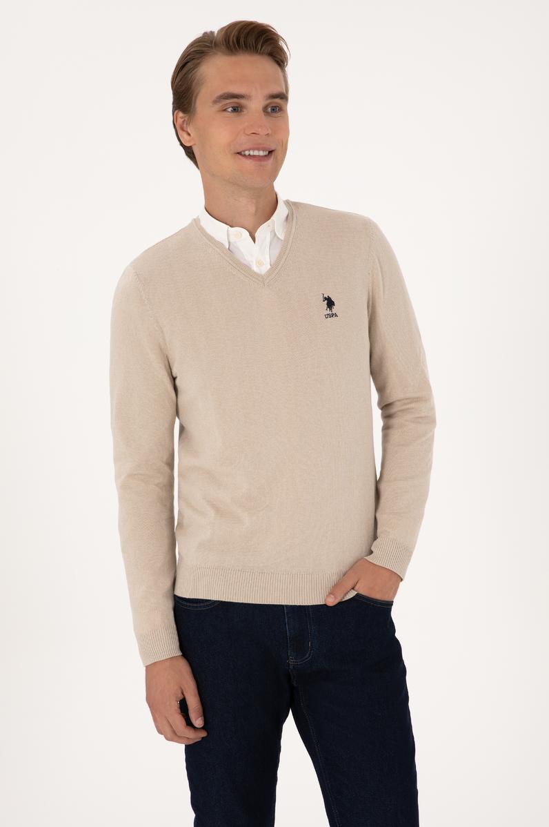 Erkek Slim Fit V Yaka Taş Melanj Basic Kazak