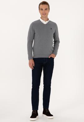 Erkek Slim Fit V Yaka Gri Melanj Basic Kazak - 50288881032