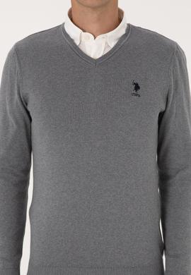 Erkek Slim Fit V Yaka Gri Melanj Basic Kazak - 50288881032