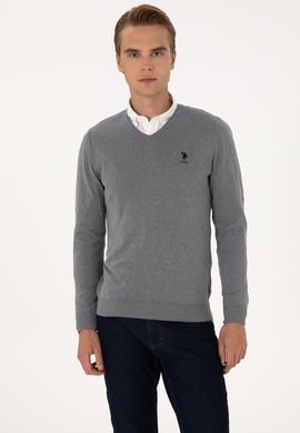 Erkek Slim Fit V Yaka Gri Melanj Basic Kazak - 50288881032