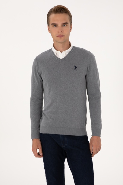 Erkek Slim Fit V Yaka Gri Melanj Basic Kazak