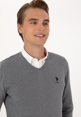 Erkek Slim Fit V Yaka Gri Melanj Basic Kazak - 50288881032