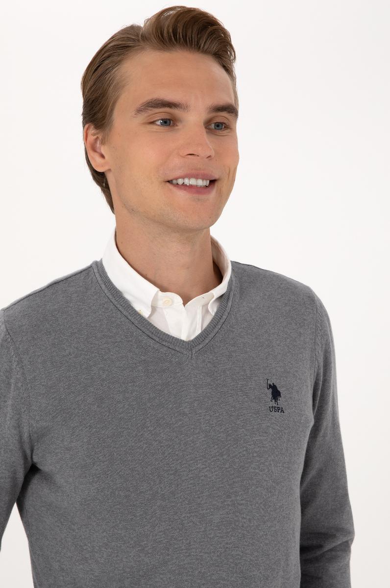 Erkek Slim Fit V Yaka Gri Melanj Basic Kazak