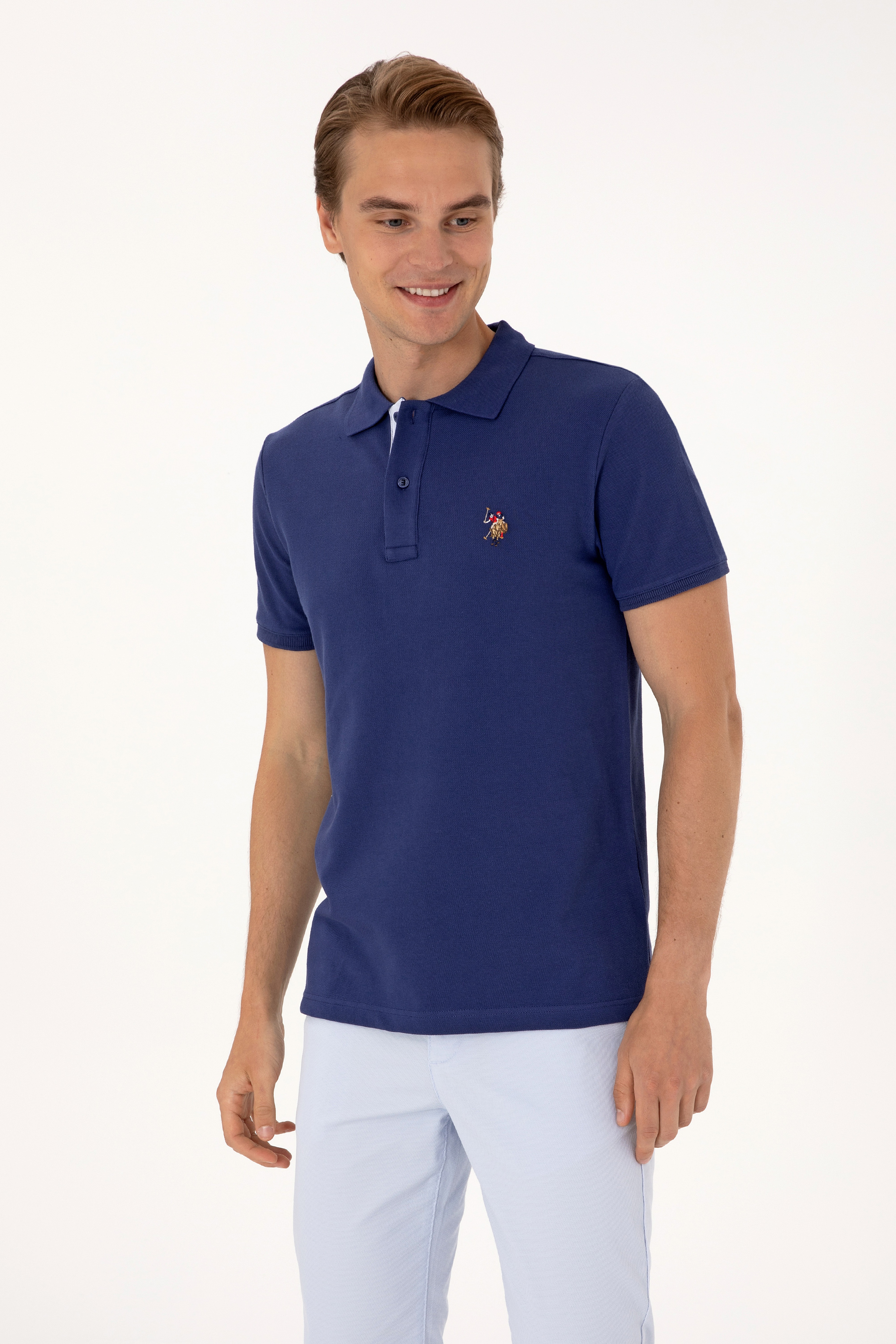 Erkek Slim Fit Polo Yaka Açık Lacivert Basic Tişört