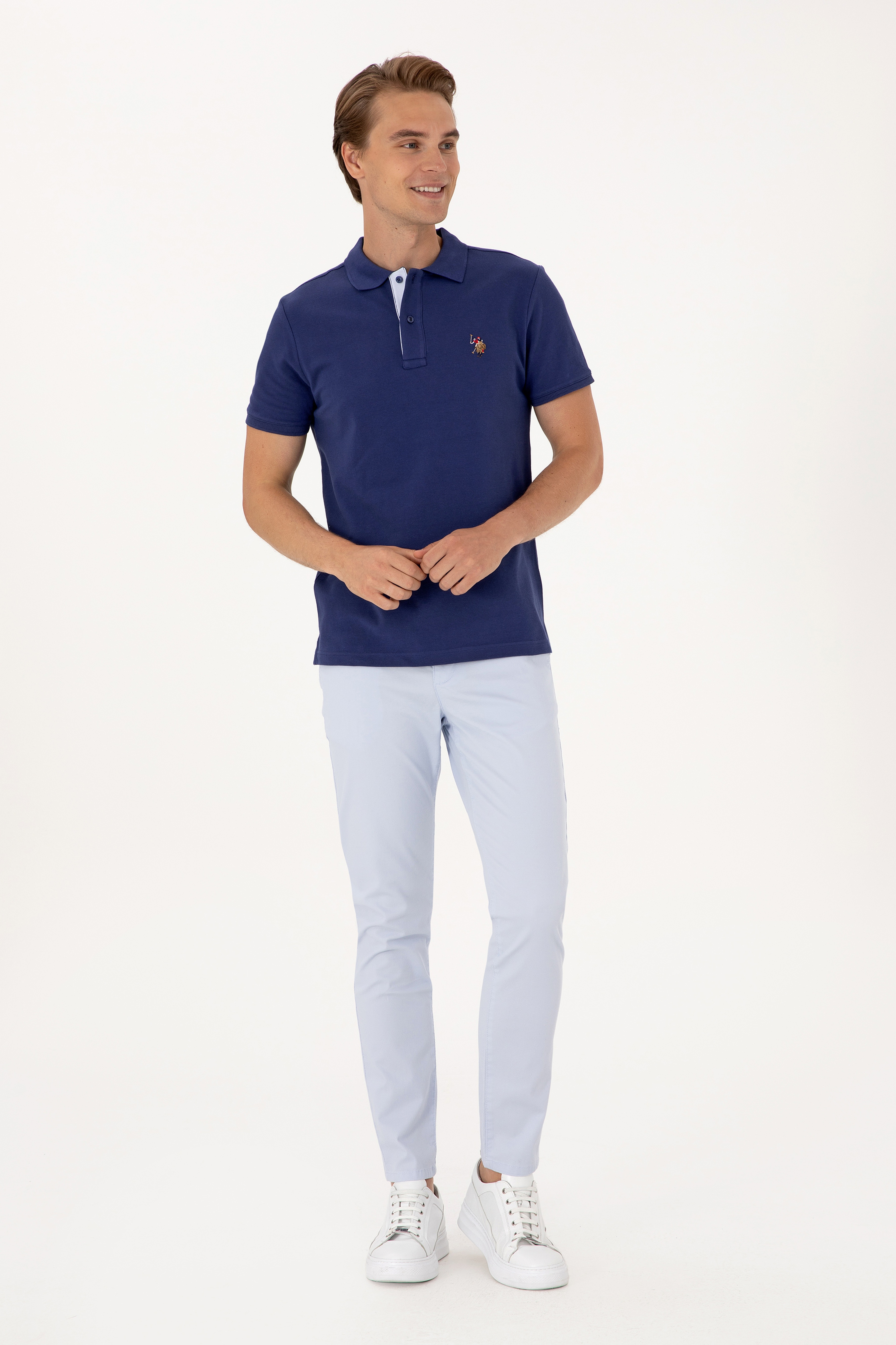 Erkek Slim Fit Polo Yaka Açık Lacivert Basic Tişört