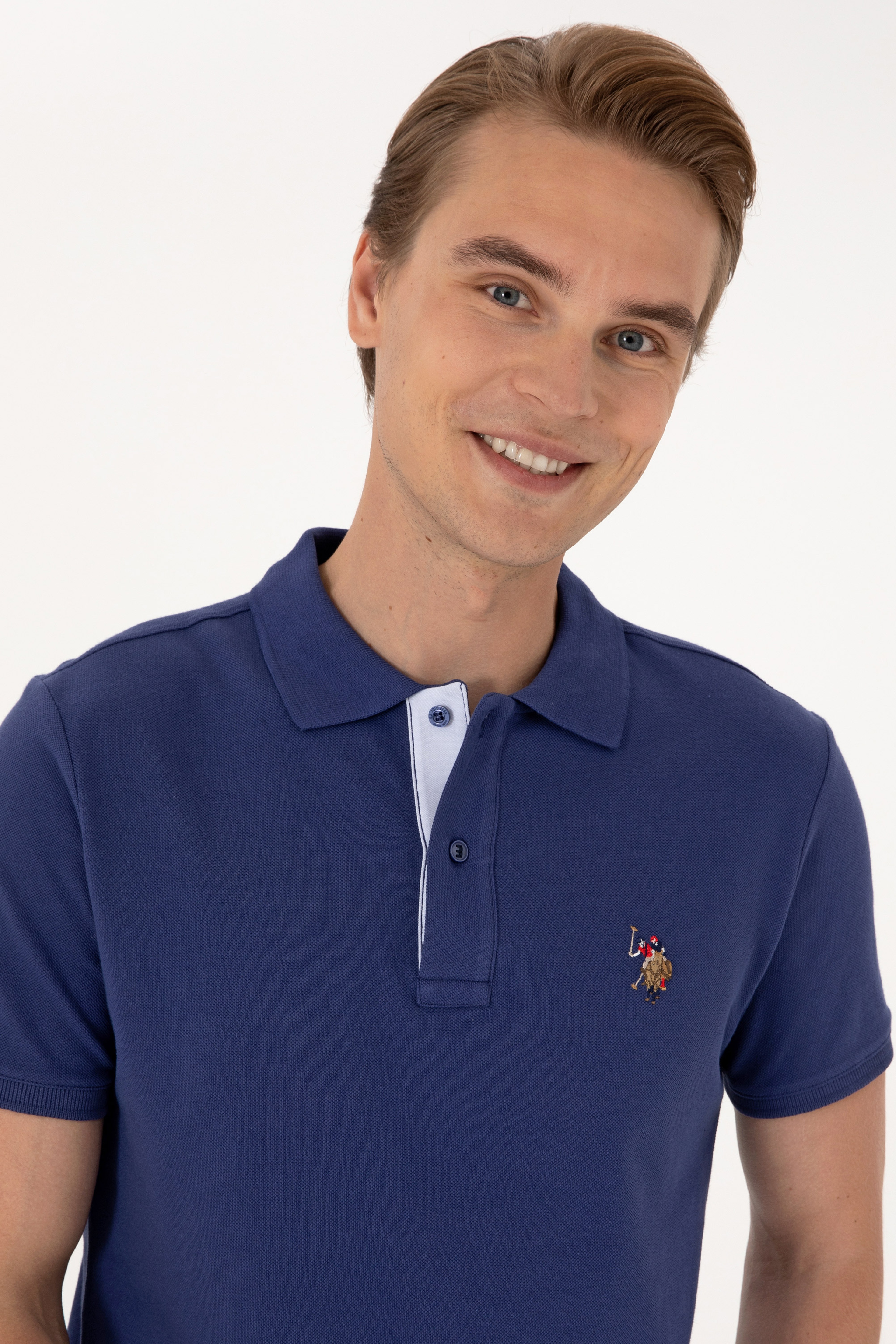 Erkek Slim Fit Polo Yaka Açık Lacivert Basic Tişört - Image 2