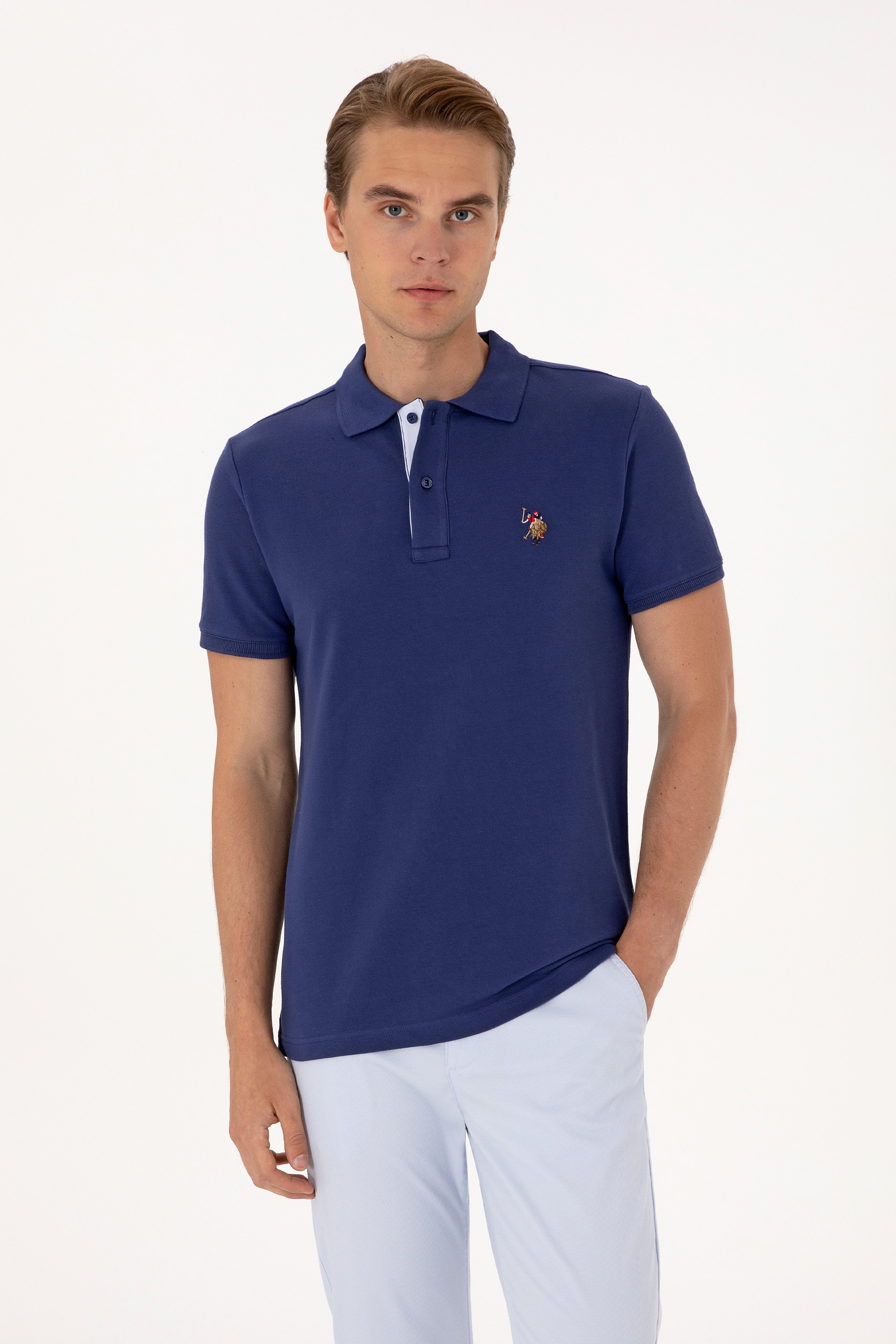 Erkek Slim Fit Polo Yaka Açık Lacivert Basic Tişört - Image 1