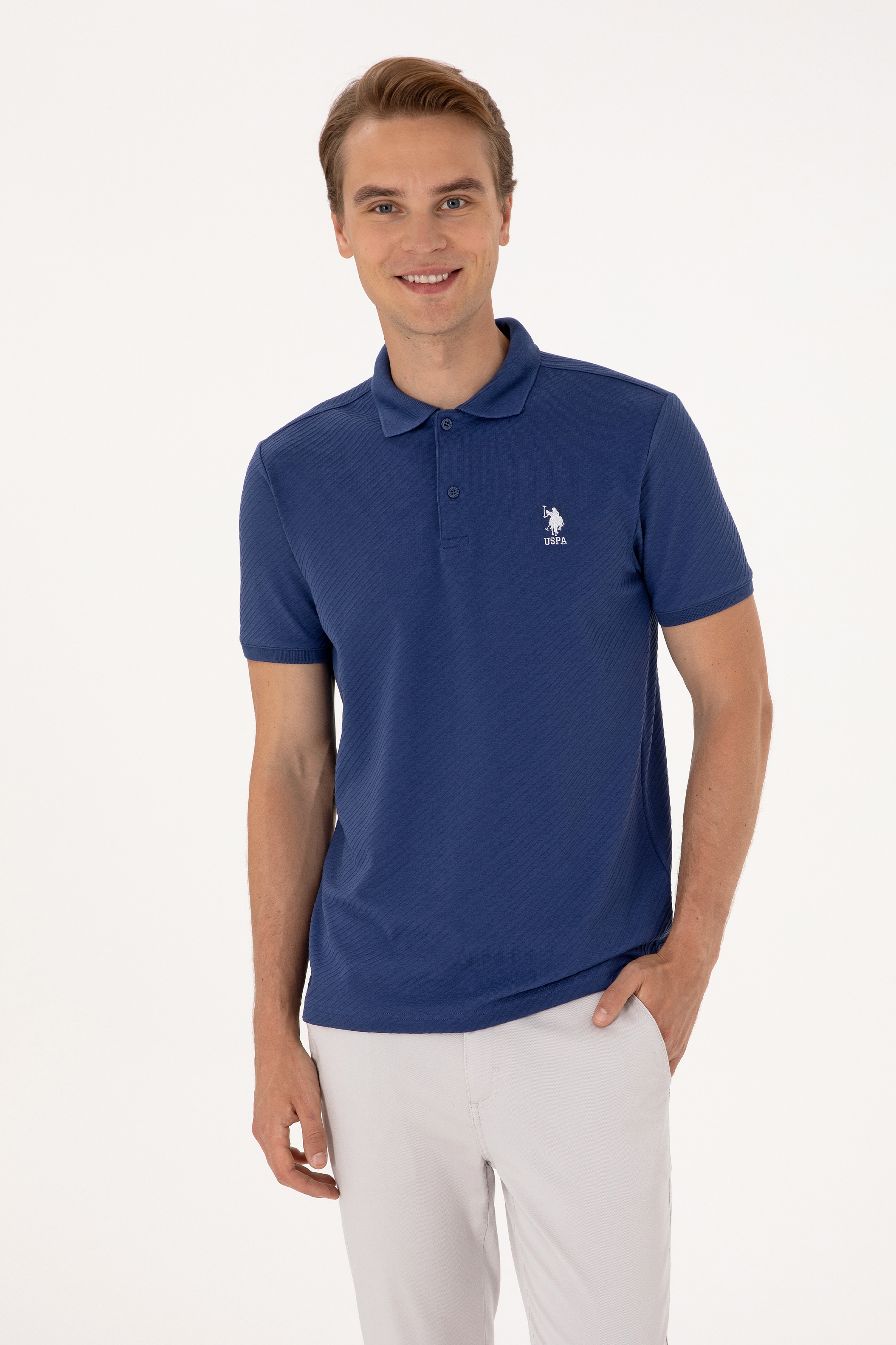 Erkek Regular Fit Açık Lacivert Polo Yaka Dokulu Tişört