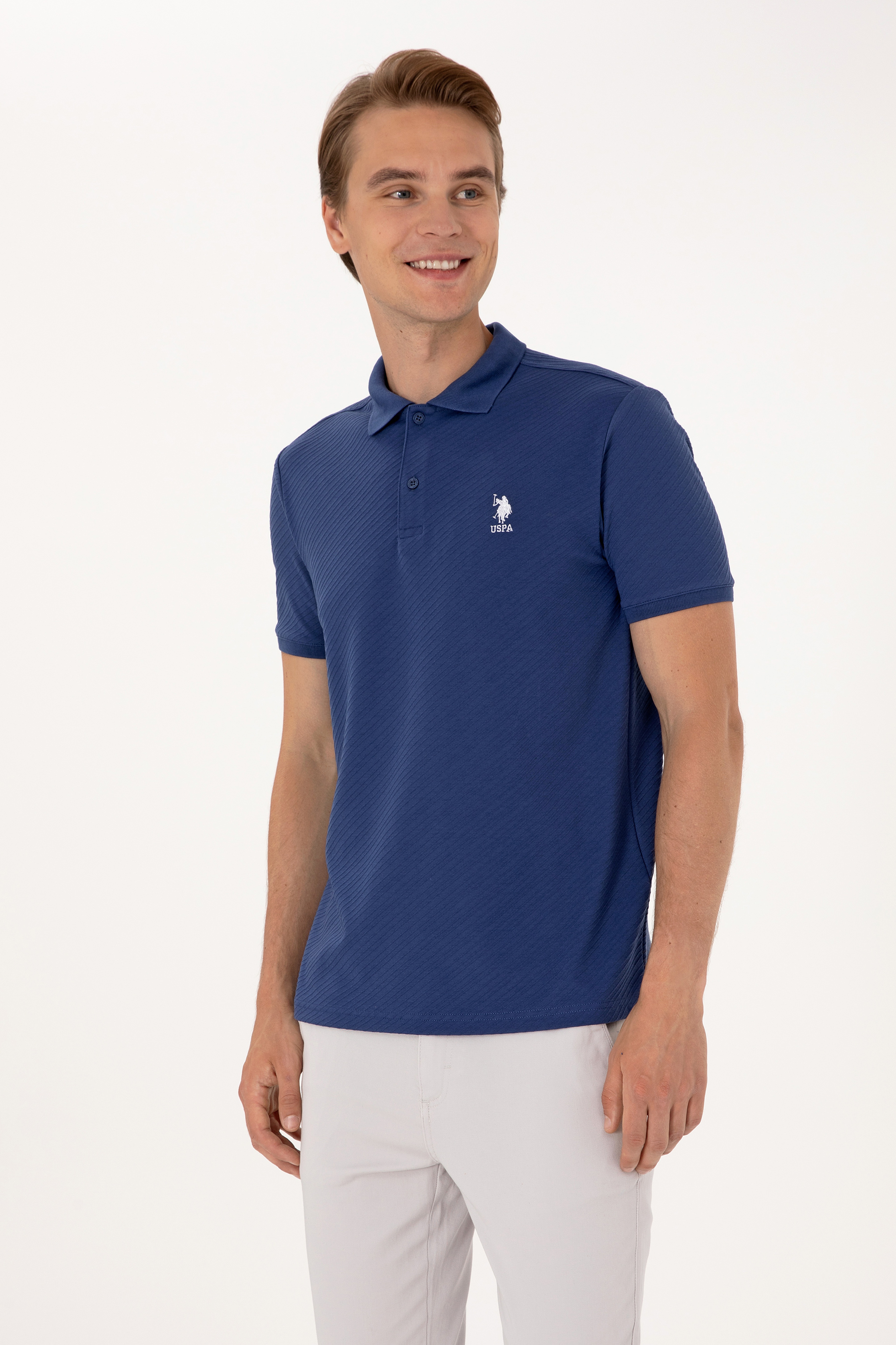 Erkek Regular Fit Açık Lacivert Polo Yaka Dokulu Tişört
