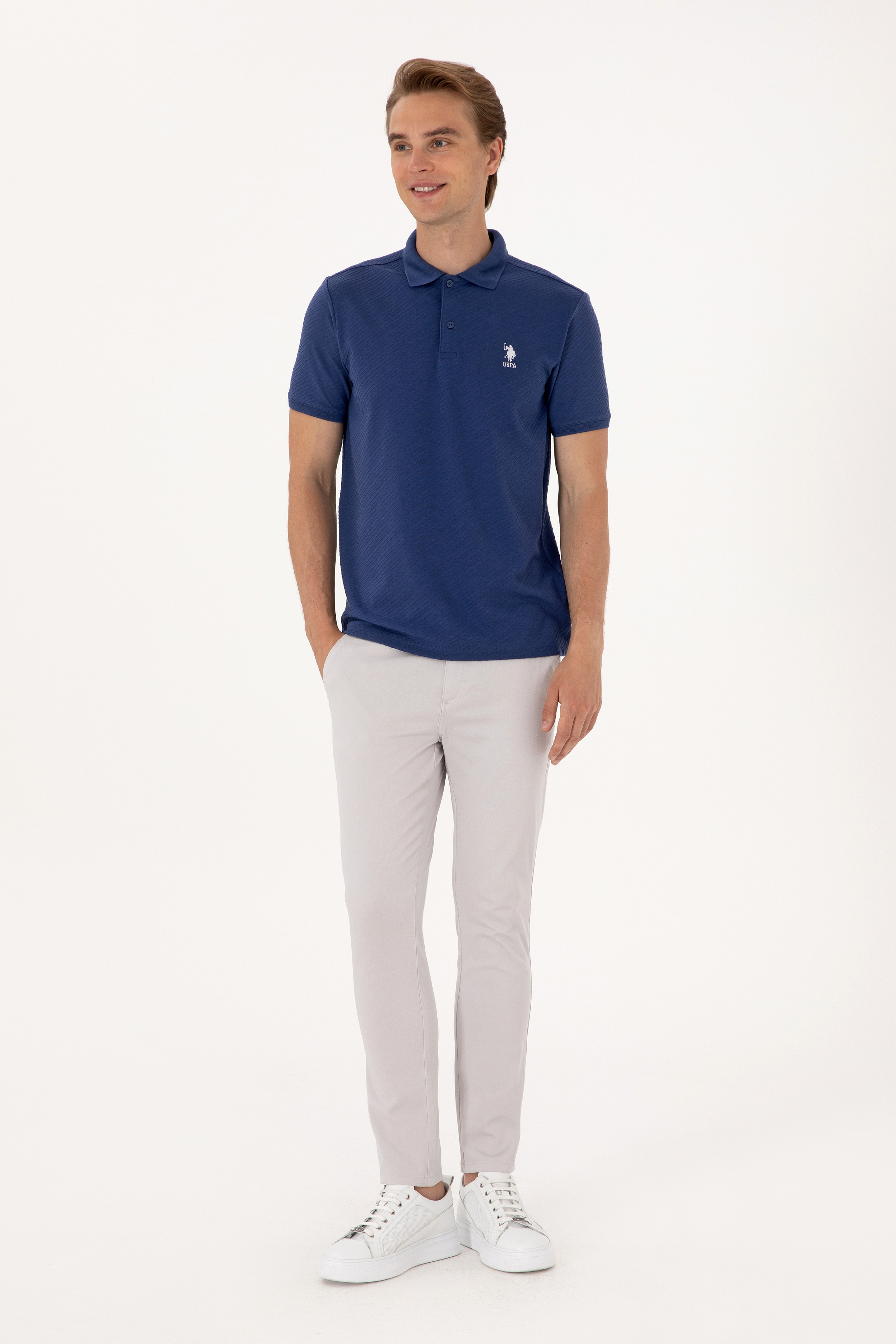 Erkek Regular Fit Açık Lacivert Polo Yaka Dokulu Tişört