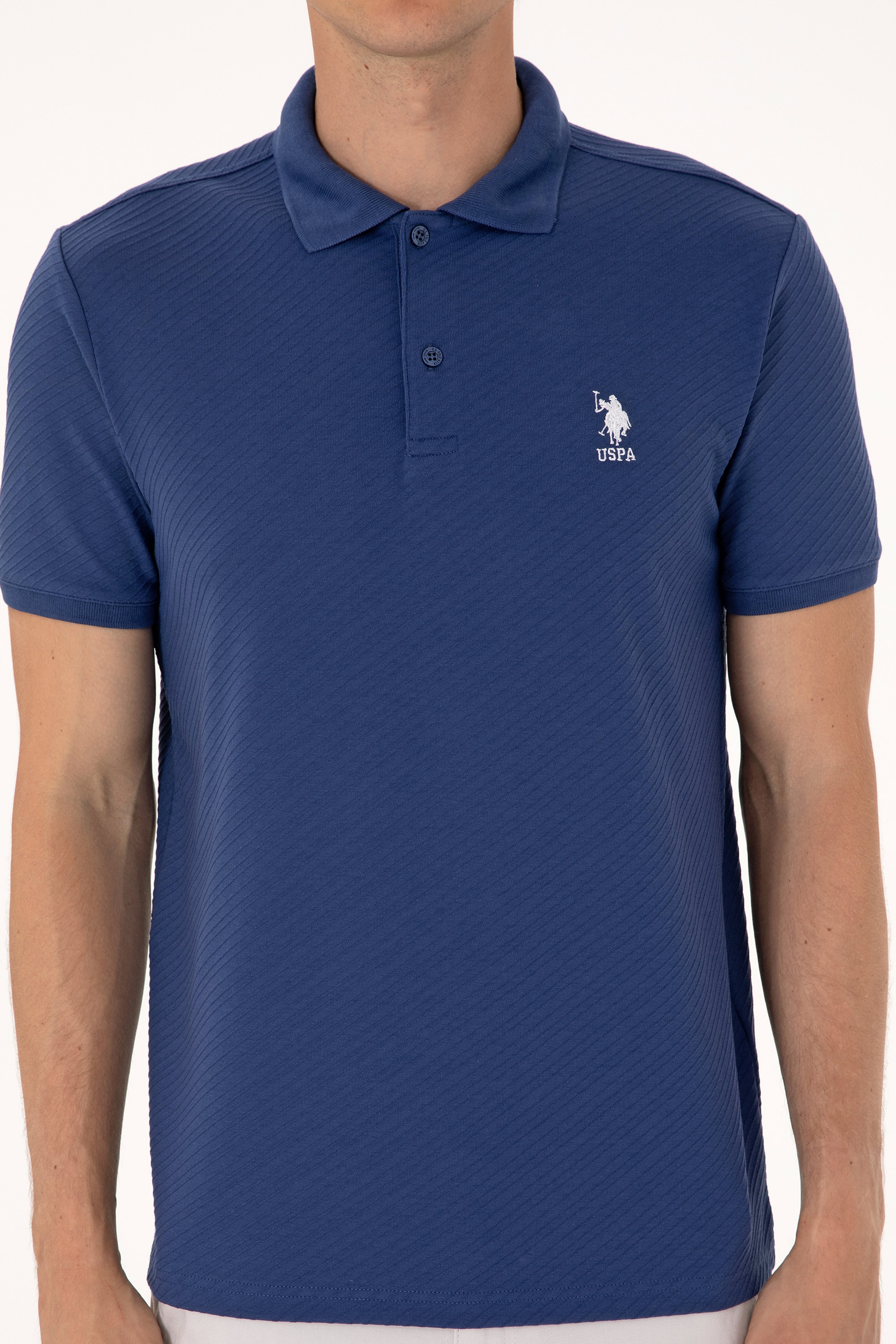 Erkek Regular Fit Açık Lacivert Polo Yaka Dokulu Tişört - Image 6