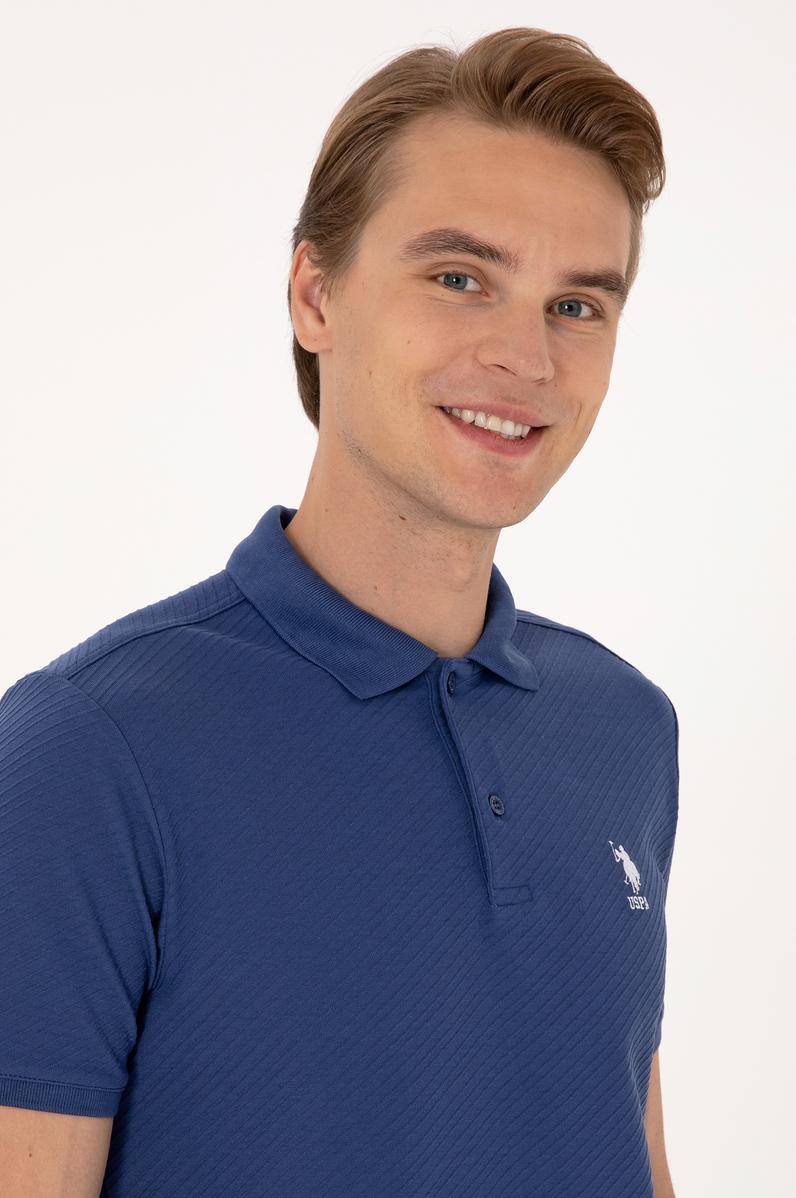 Erkek Regular Fit Açık Lacivert Polo Yaka Dokulu Tişört