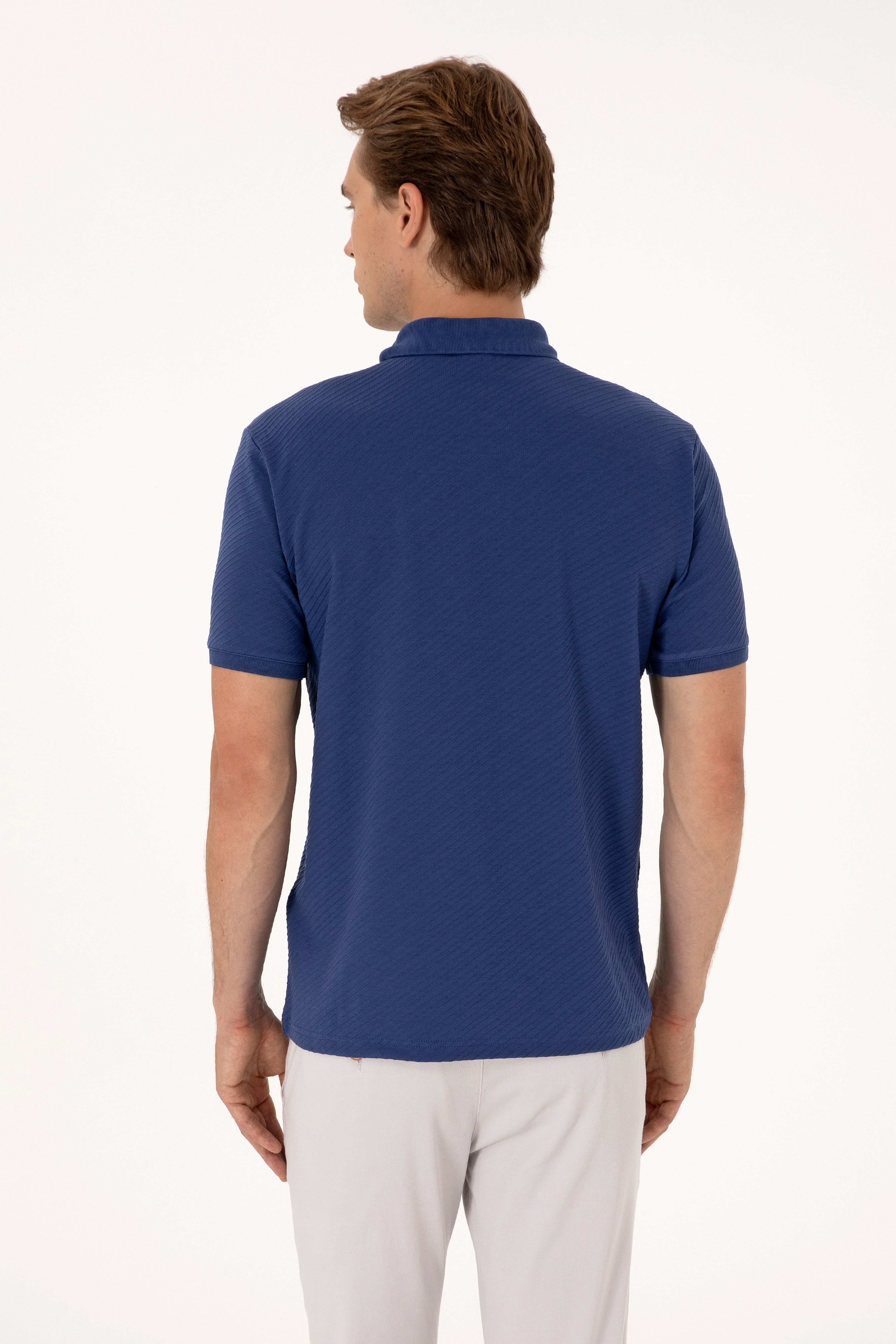 Erkek Regular Fit Açık Lacivert Polo Yaka Dokulu Tişört