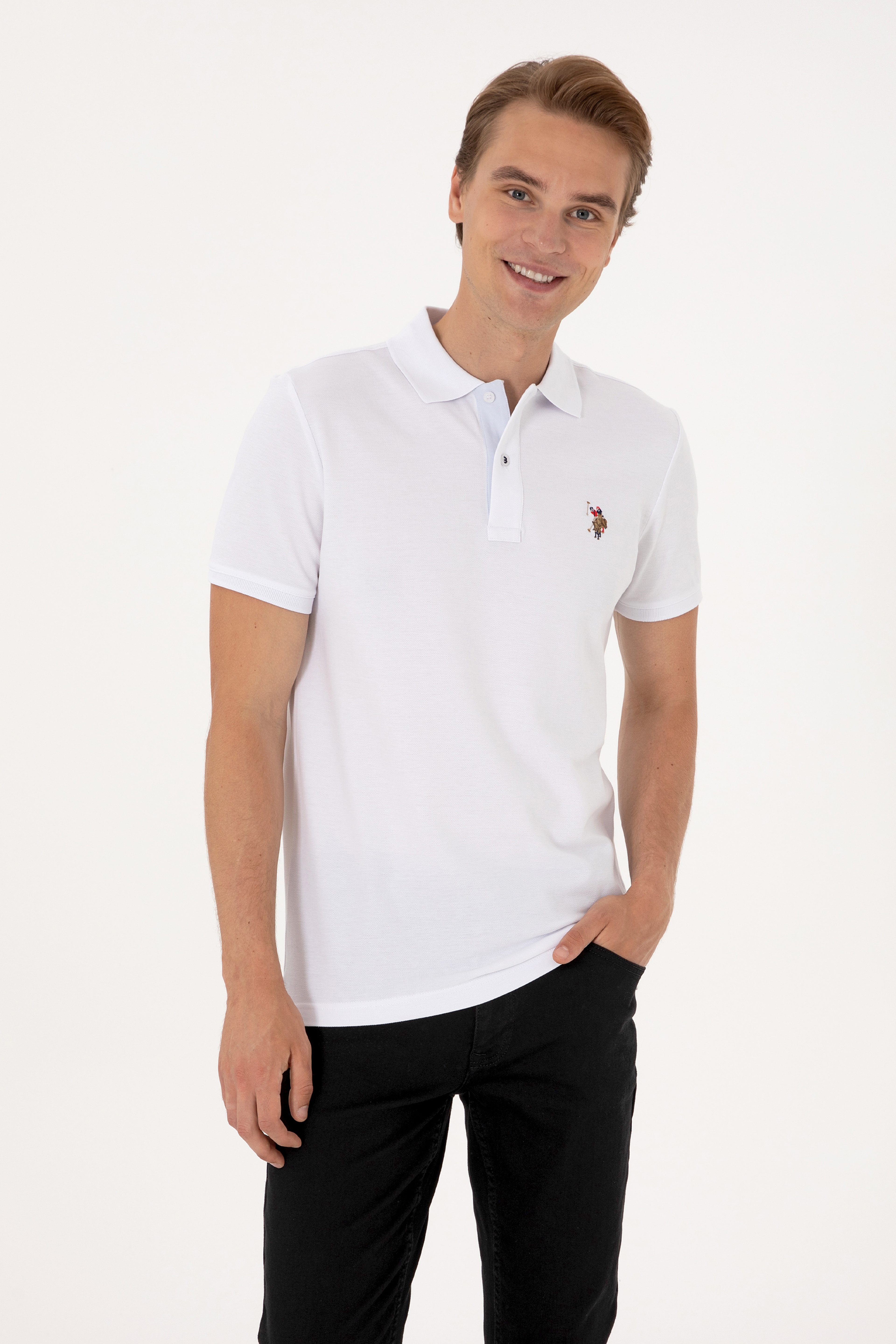 Erkek Slim Fit Polo Yaka Beyaz Basic Tişört - Image 1
