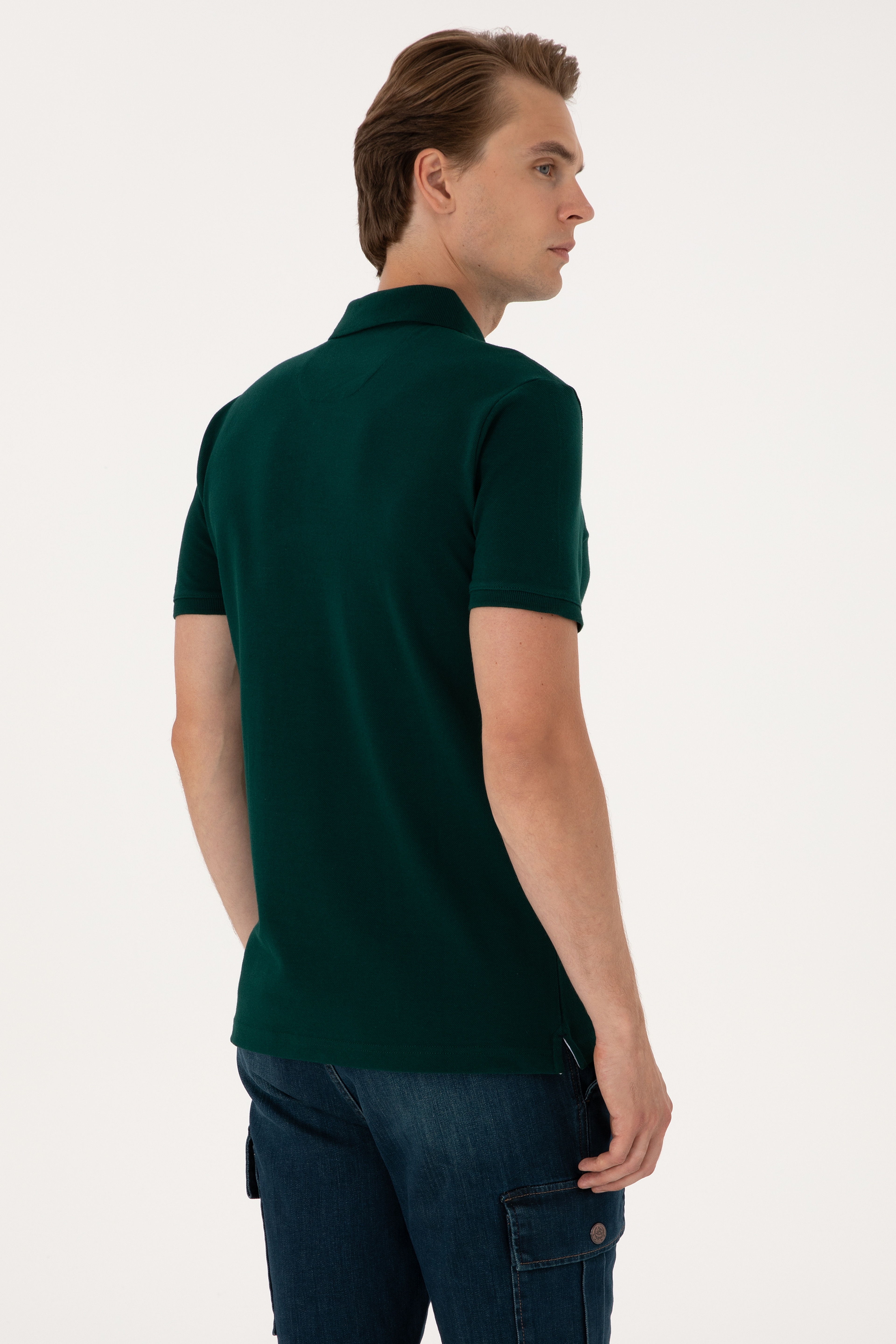 Erkek Slim Fit Polo Yaka Koyu Yeşil Basic Tişört