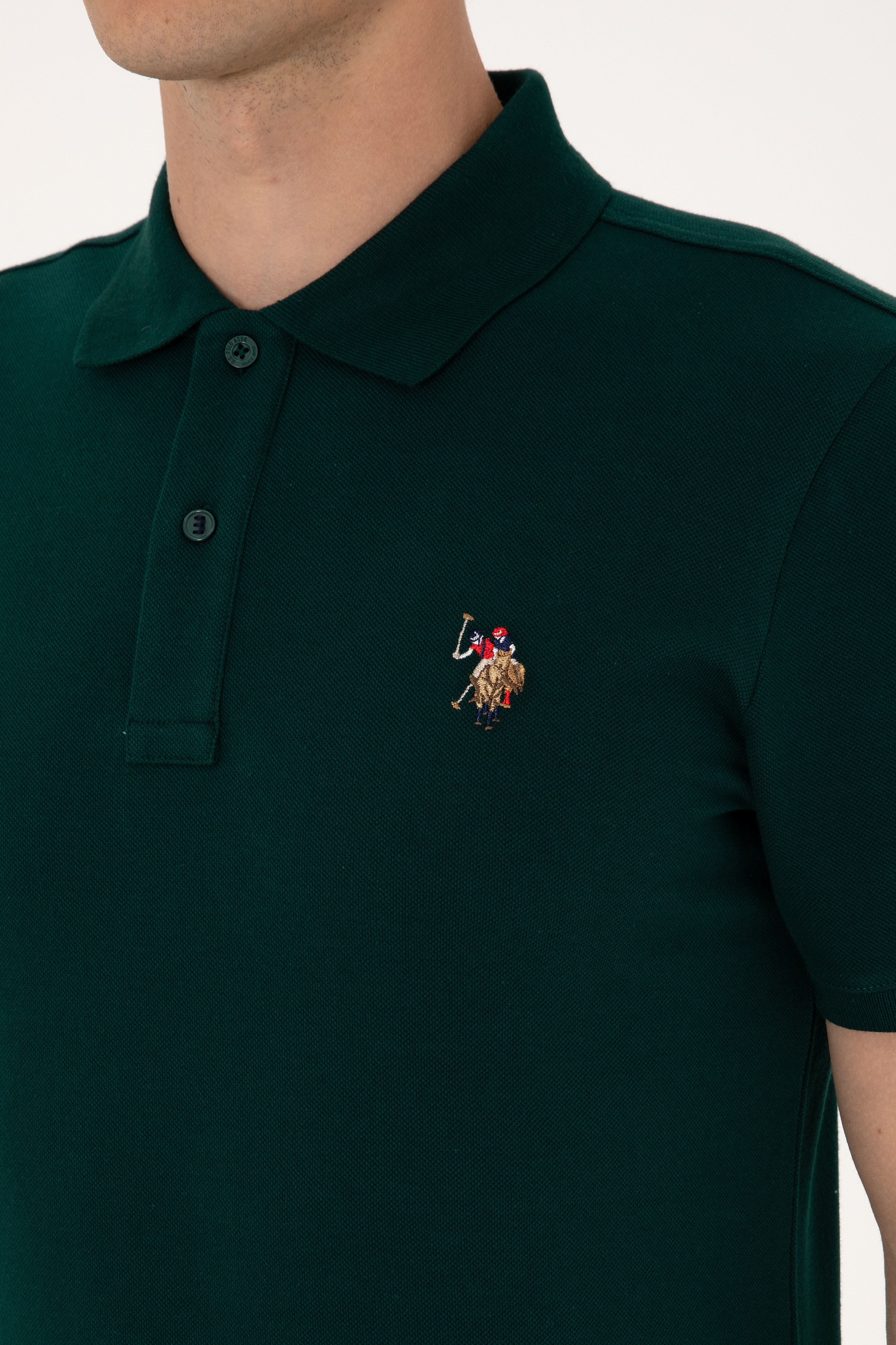 Erkek Slim Fit Polo Yaka Koyu Yeşil Basic Tişört