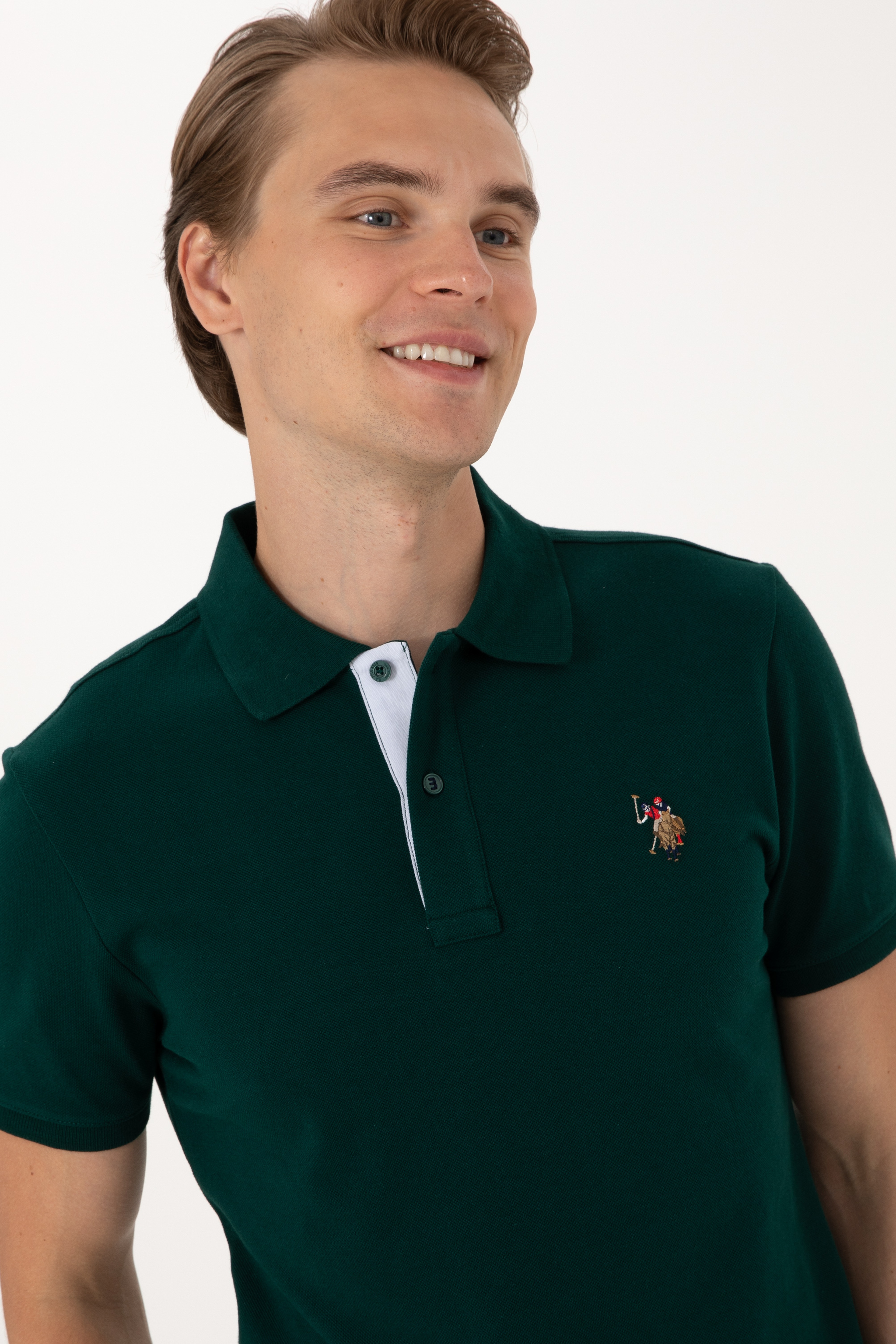 Erkek Slim Fit Polo Yaka Koyu Yeşil Basic Tişört - Image 2