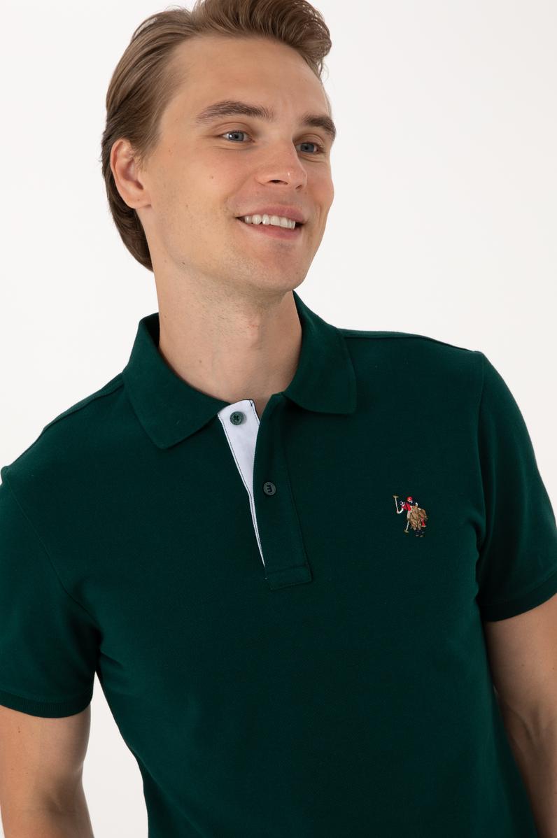 Erkek Slim Fit Polo Yaka Koyu Yeşil Basic Tişört
