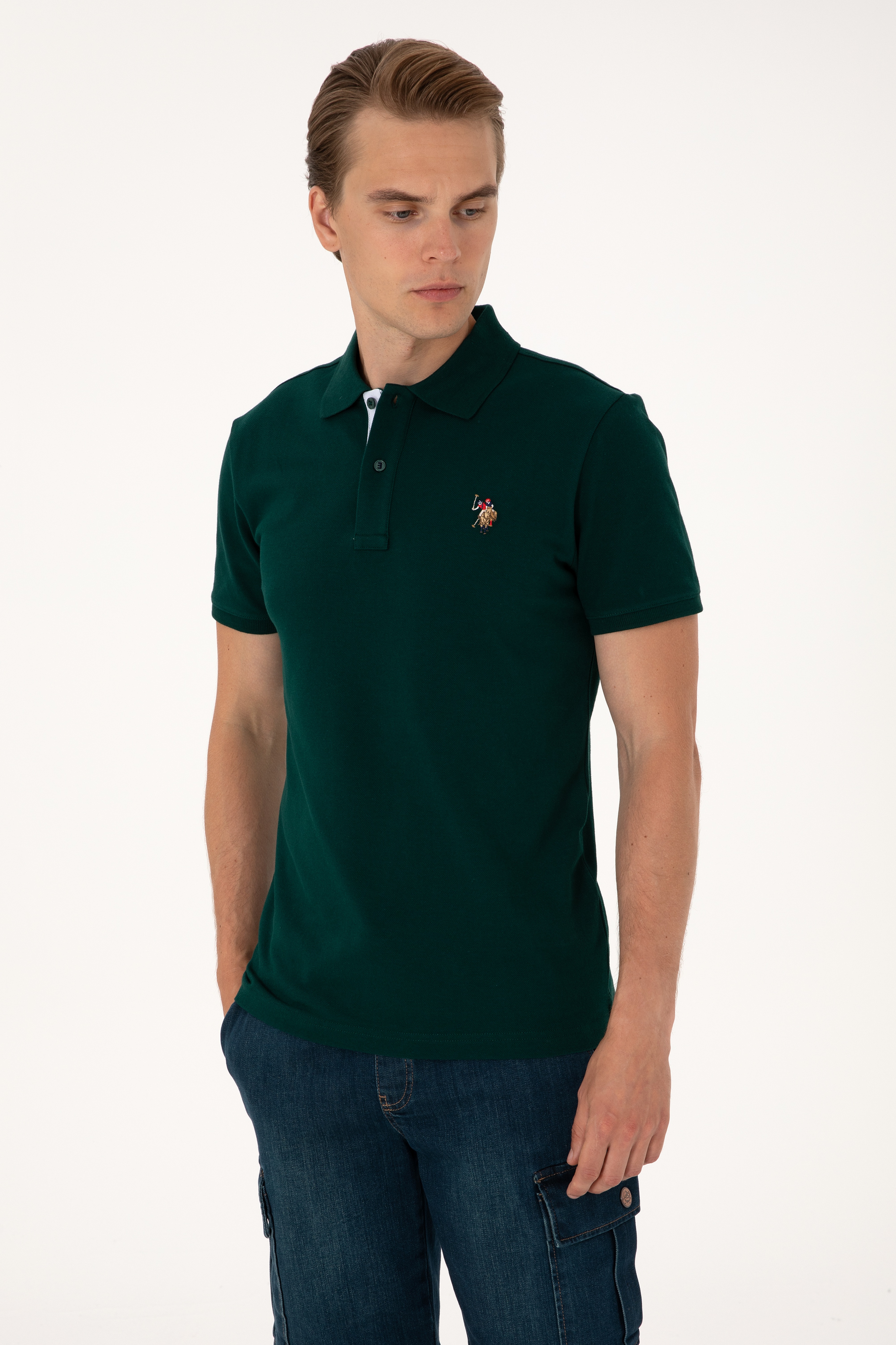 Erkek Slim Fit Polo Yaka Koyu Yeşil Basic Tişört - Image 3