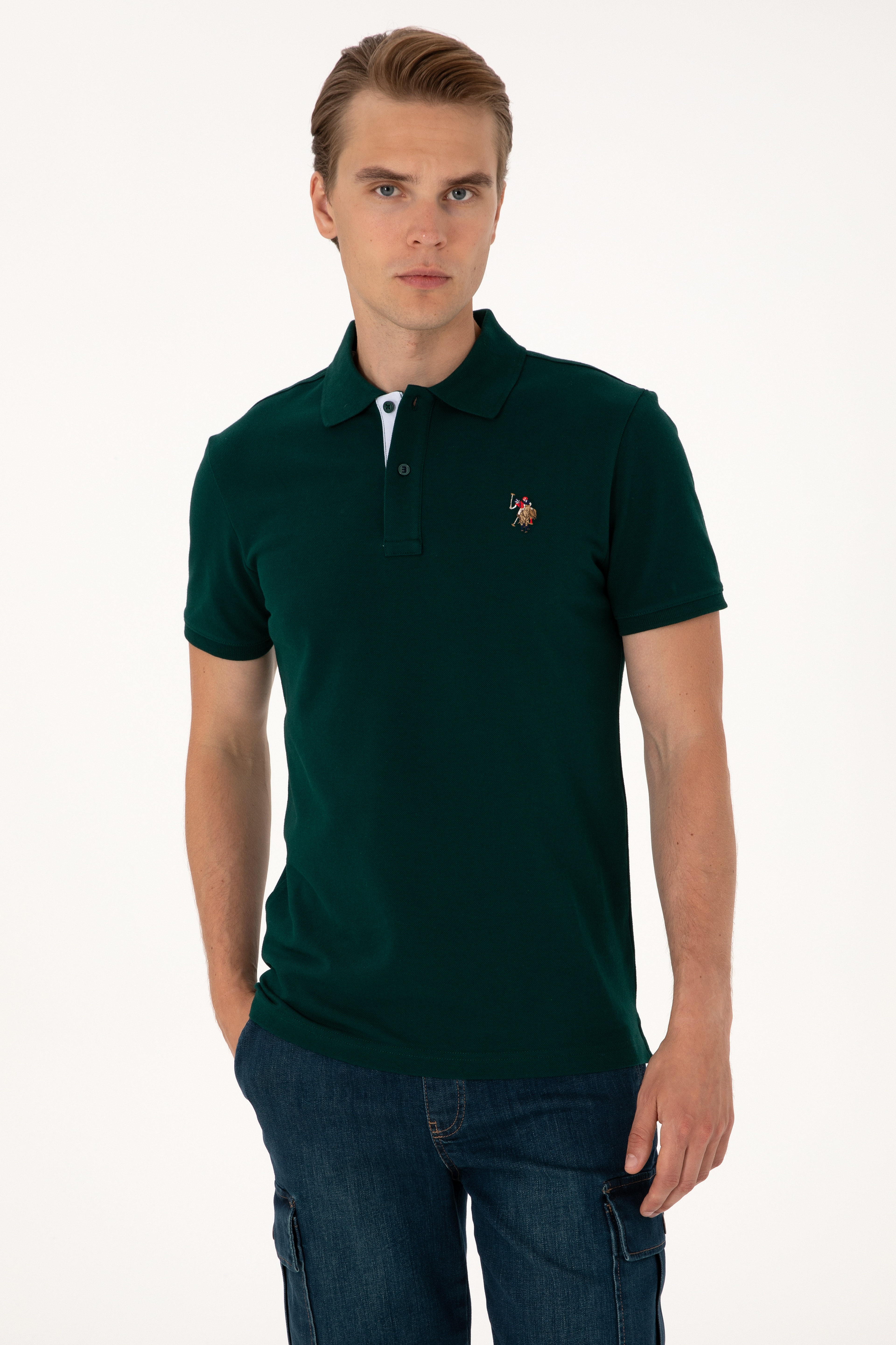 Erkek Slim Fit Polo Yaka Koyu Yeşil Basic Tişört - Image 1