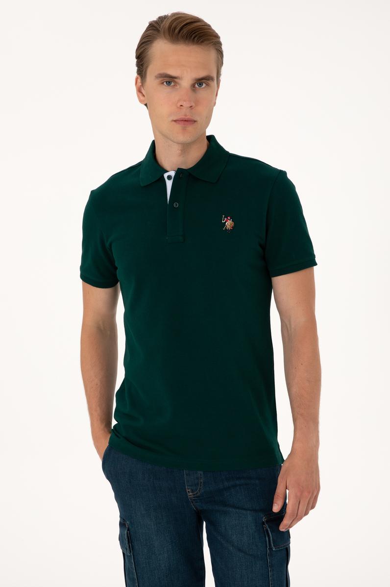 Erkek Slim Fit Polo Yaka Koyu Yeşil Basic Tişört