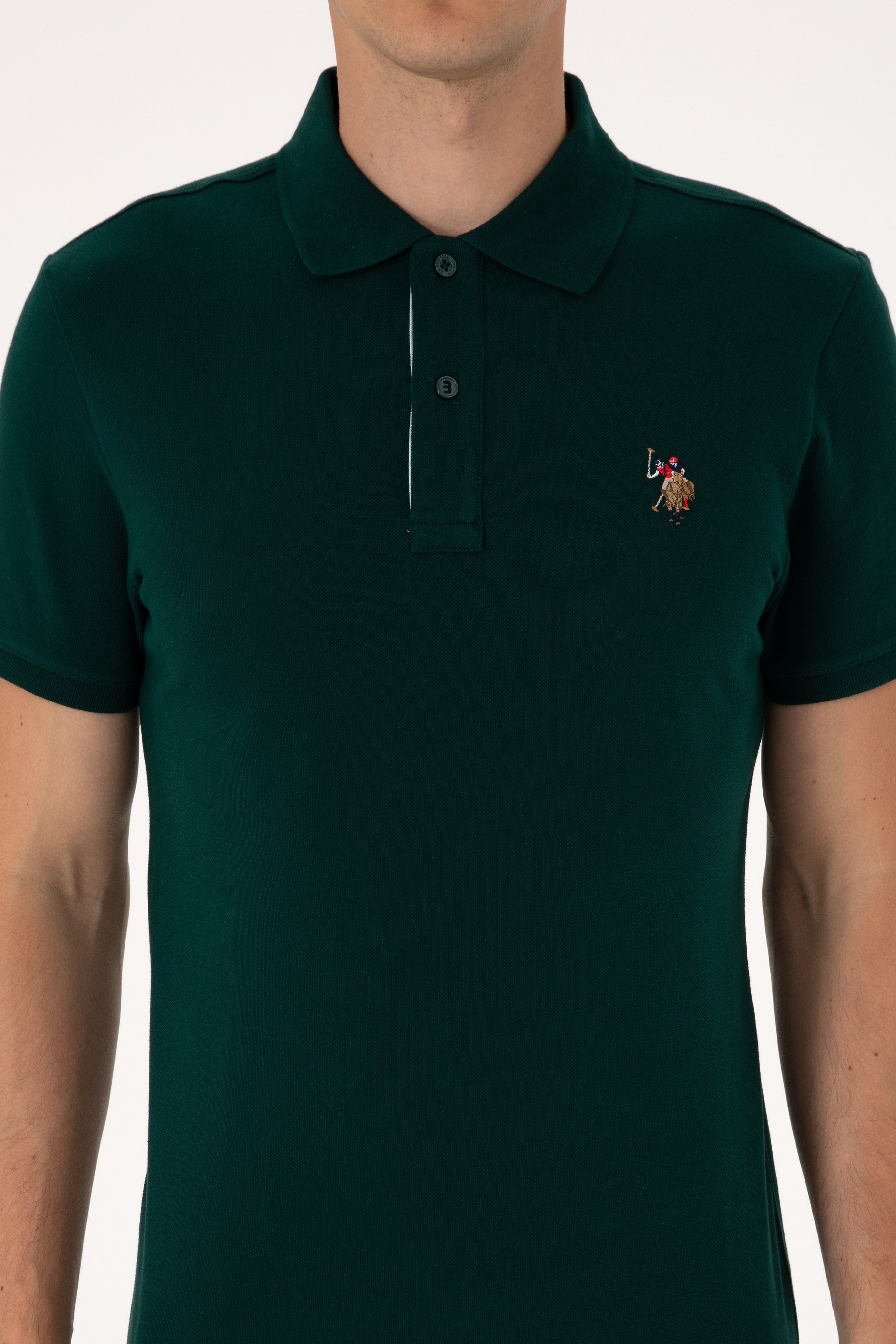 Erkek Slim Fit Polo Yaka Koyu Yeşil Basic Tişört