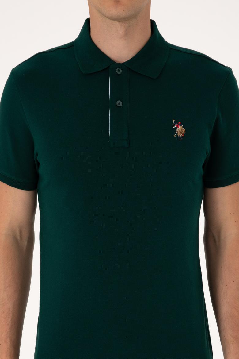Erkek Slim Fit Polo Yaka Koyu Yeşil Basic Tişört - 50310669046
