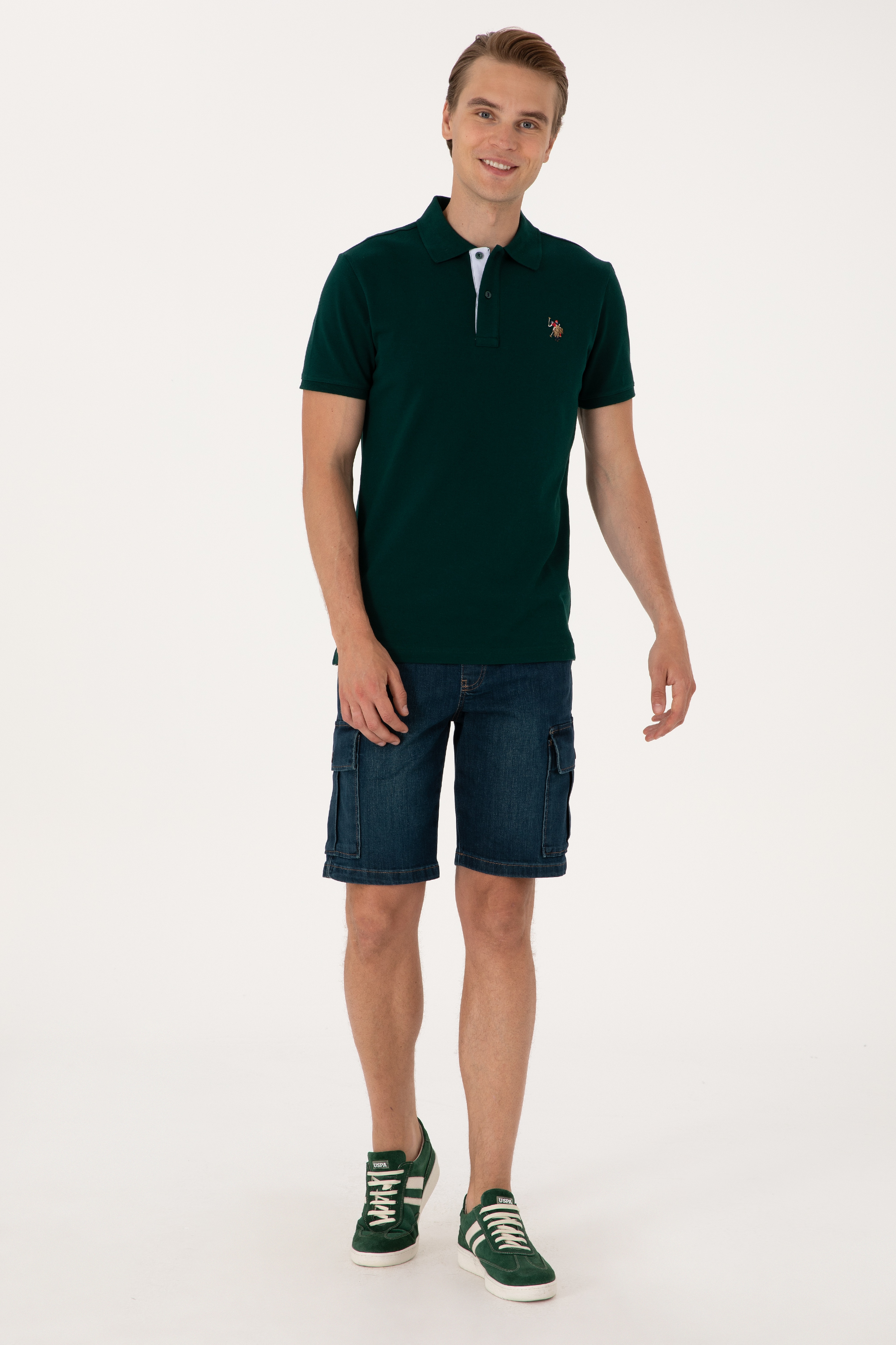 Erkek Slim Fit Polo Yaka Koyu Yeşil Basic Tişört - Image 4