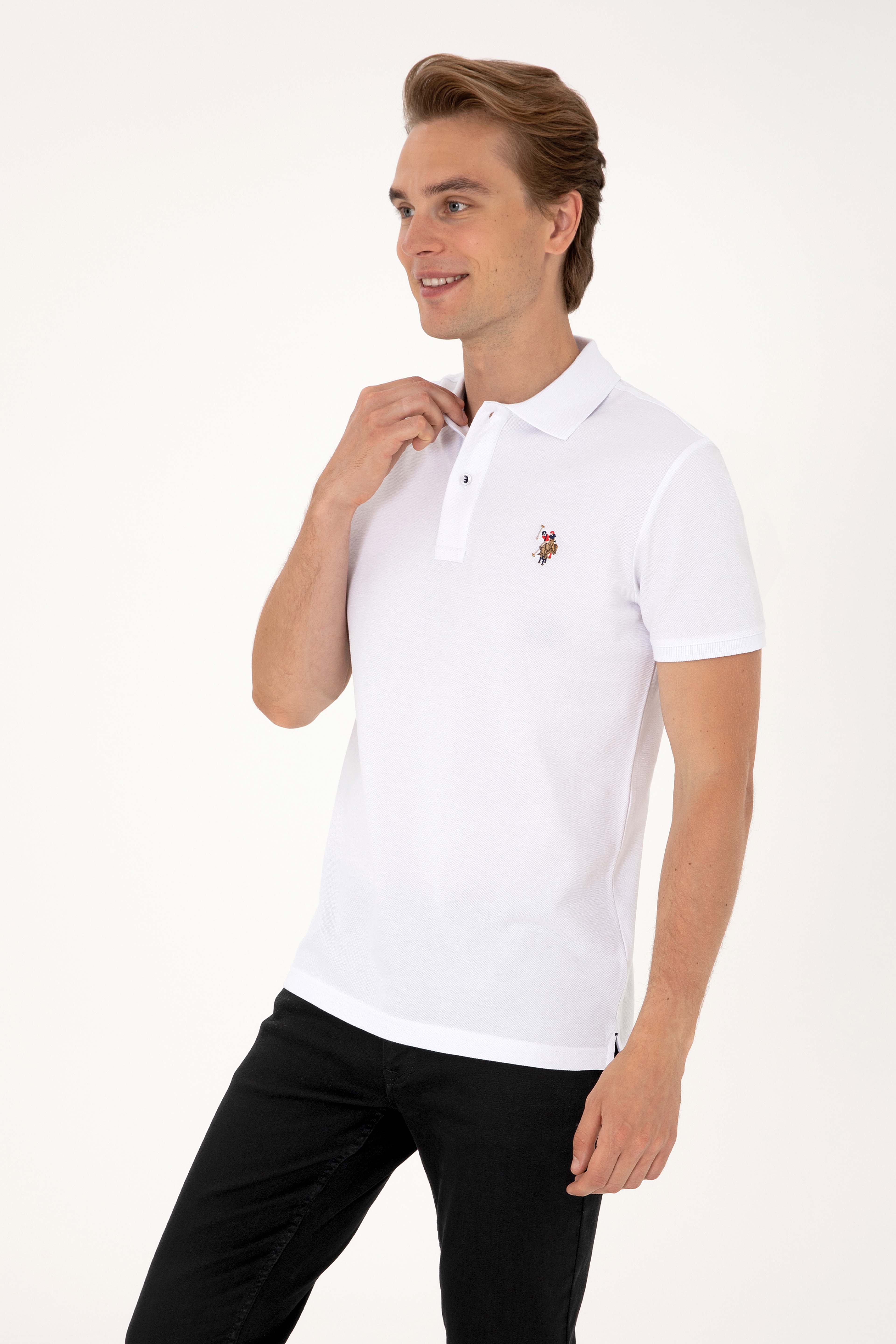 Erkek Slim Fit Polo Yaka Beyaz Basic Tişört - Image 3