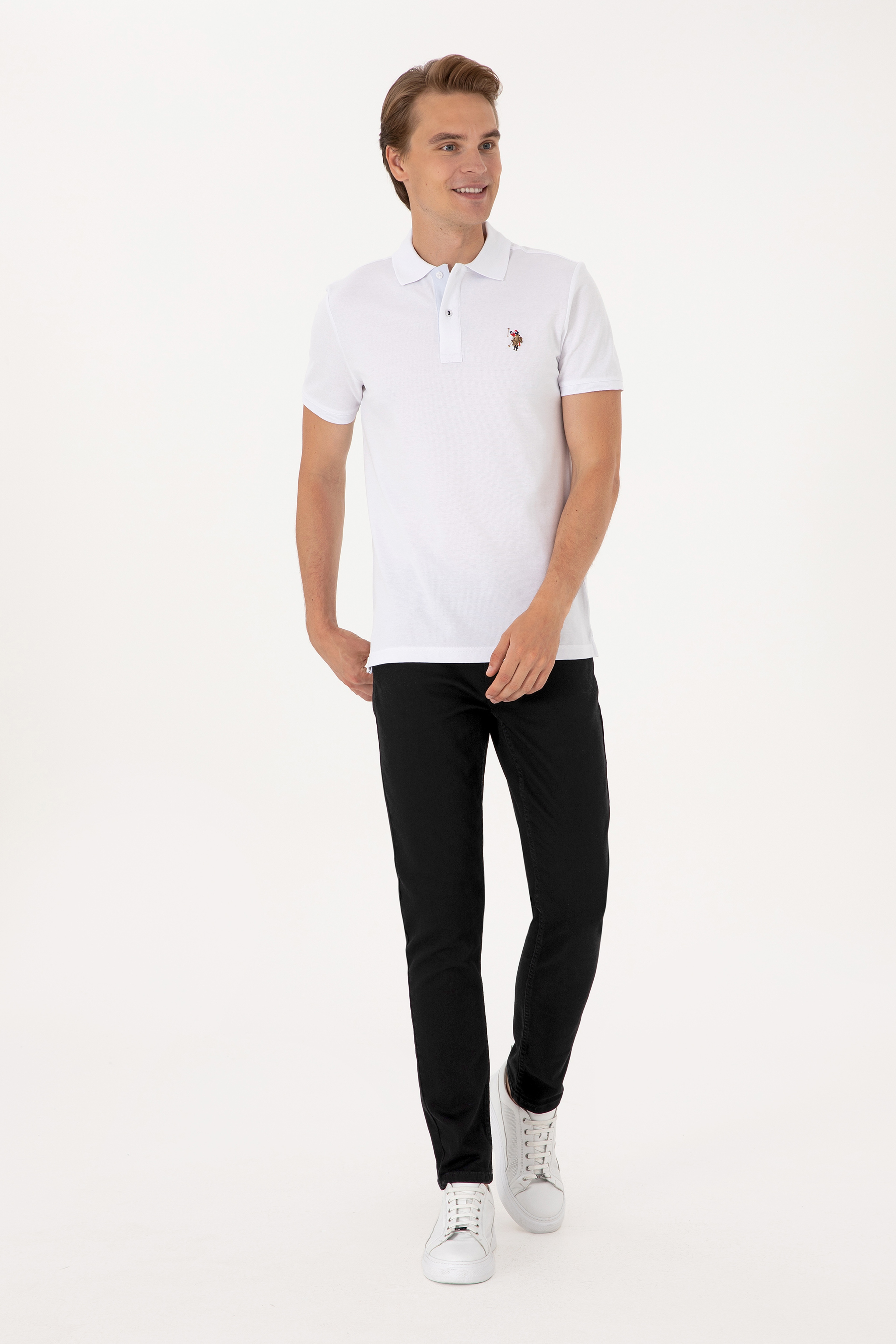 Erkek Slim Fit Polo Yaka Beyaz Basic Tişört