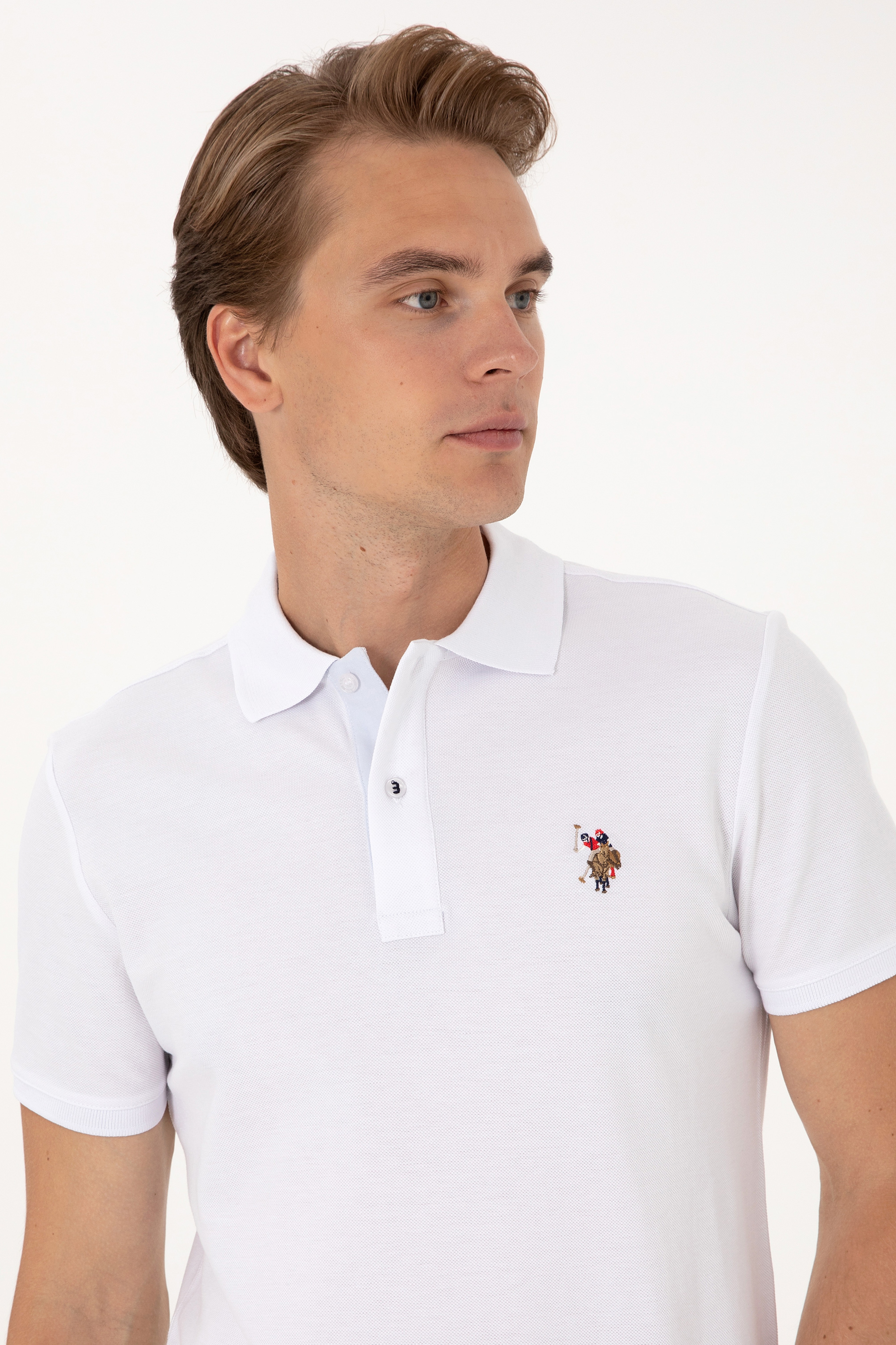 Erkek Slim Fit Polo Yaka Beyaz Basic Tişört