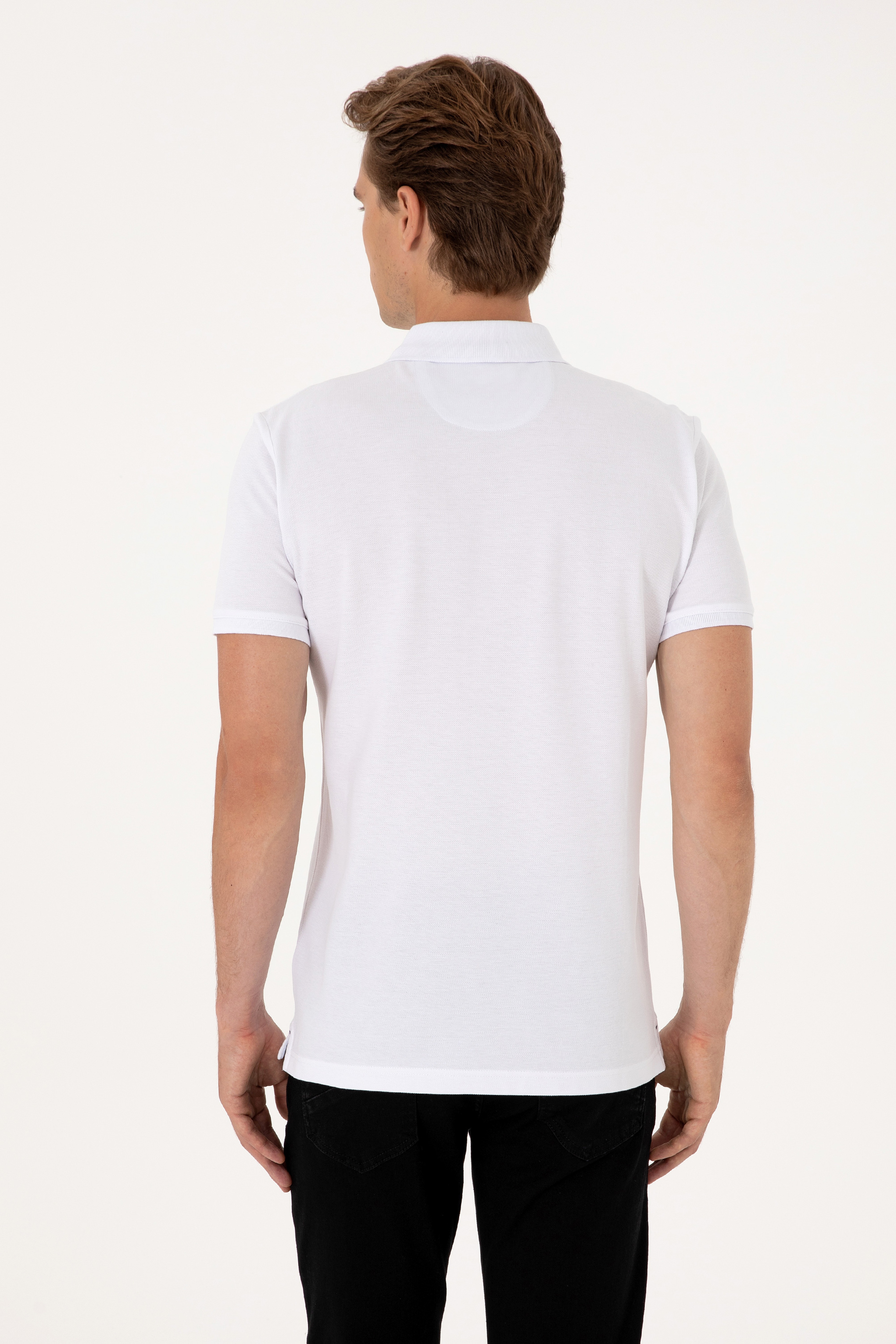 Erkek Slim Fit Polo Yaka Beyaz Basic Tişört - Image 5
