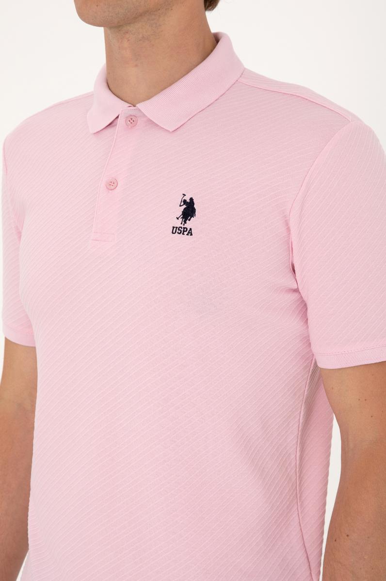 Erkek Regular Fit Açık Pembe Polo Yaka Dokulu Tişört