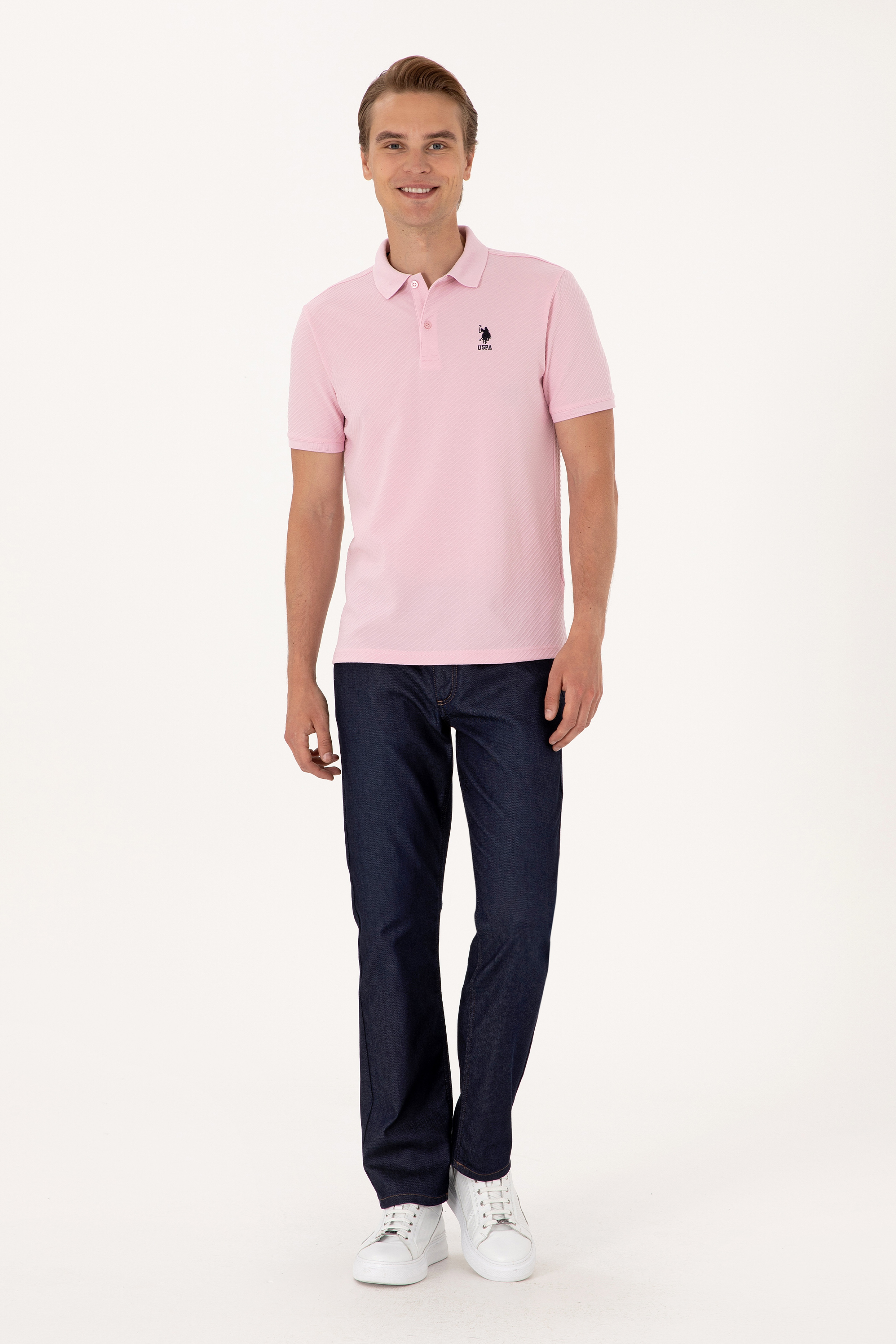 Erkek Regular Fit Açık Pembe Polo Yaka Dokulu Tişört