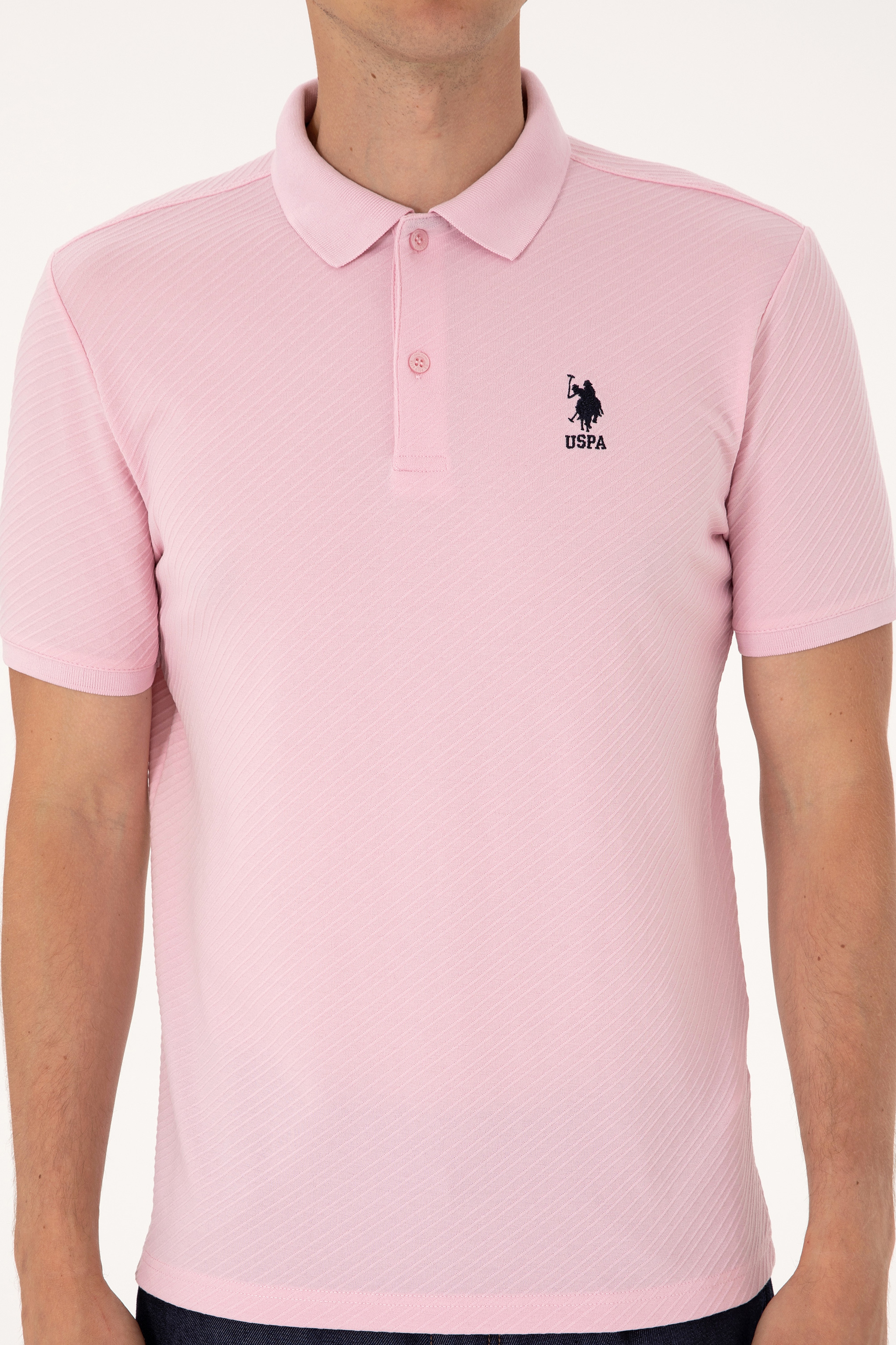 Erkek Regular Fit Açık Pembe Polo Yaka Dokulu Tişört