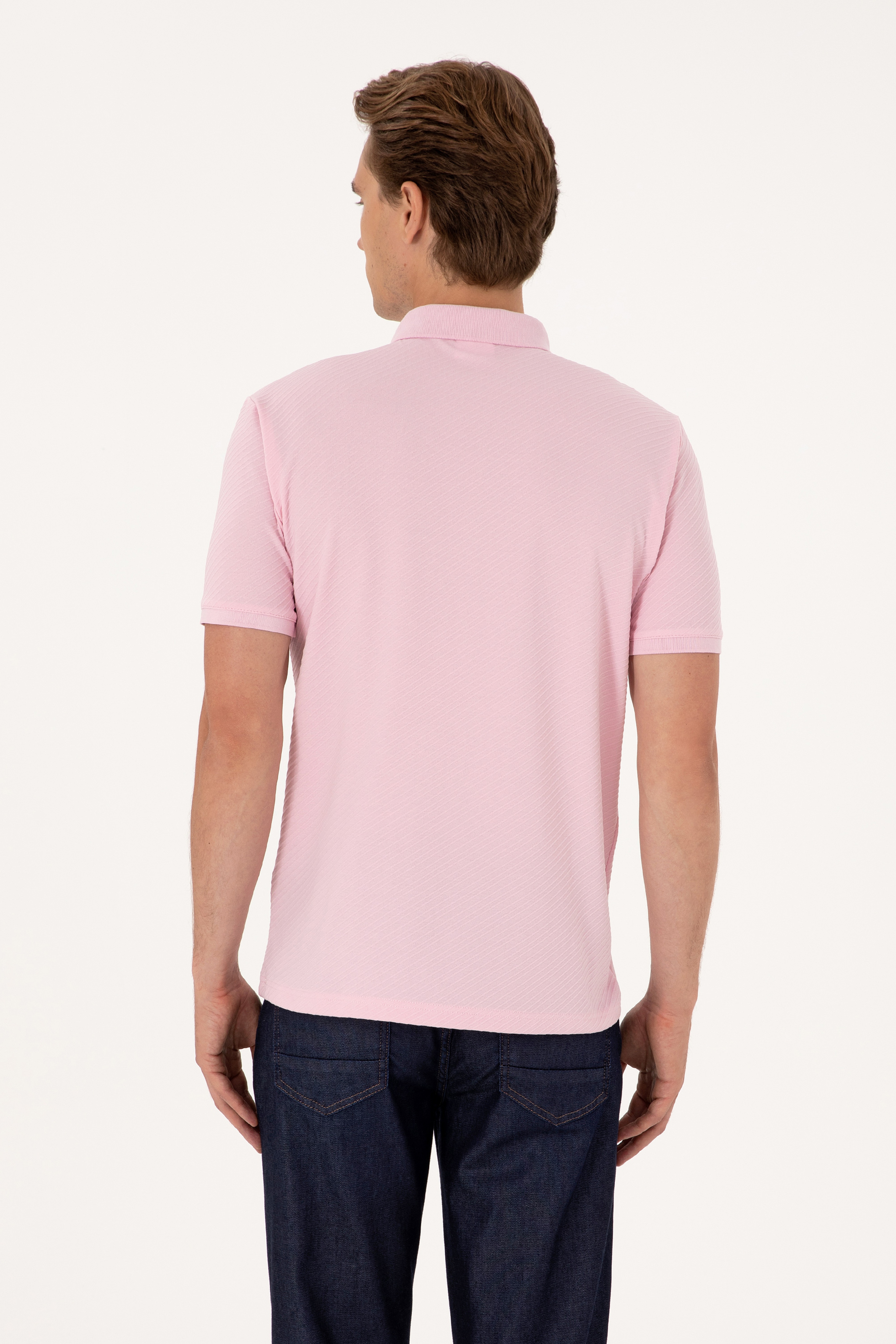 Erkek Regular Fit Açık Pembe Polo Yaka Dokulu Tişört - Image 5