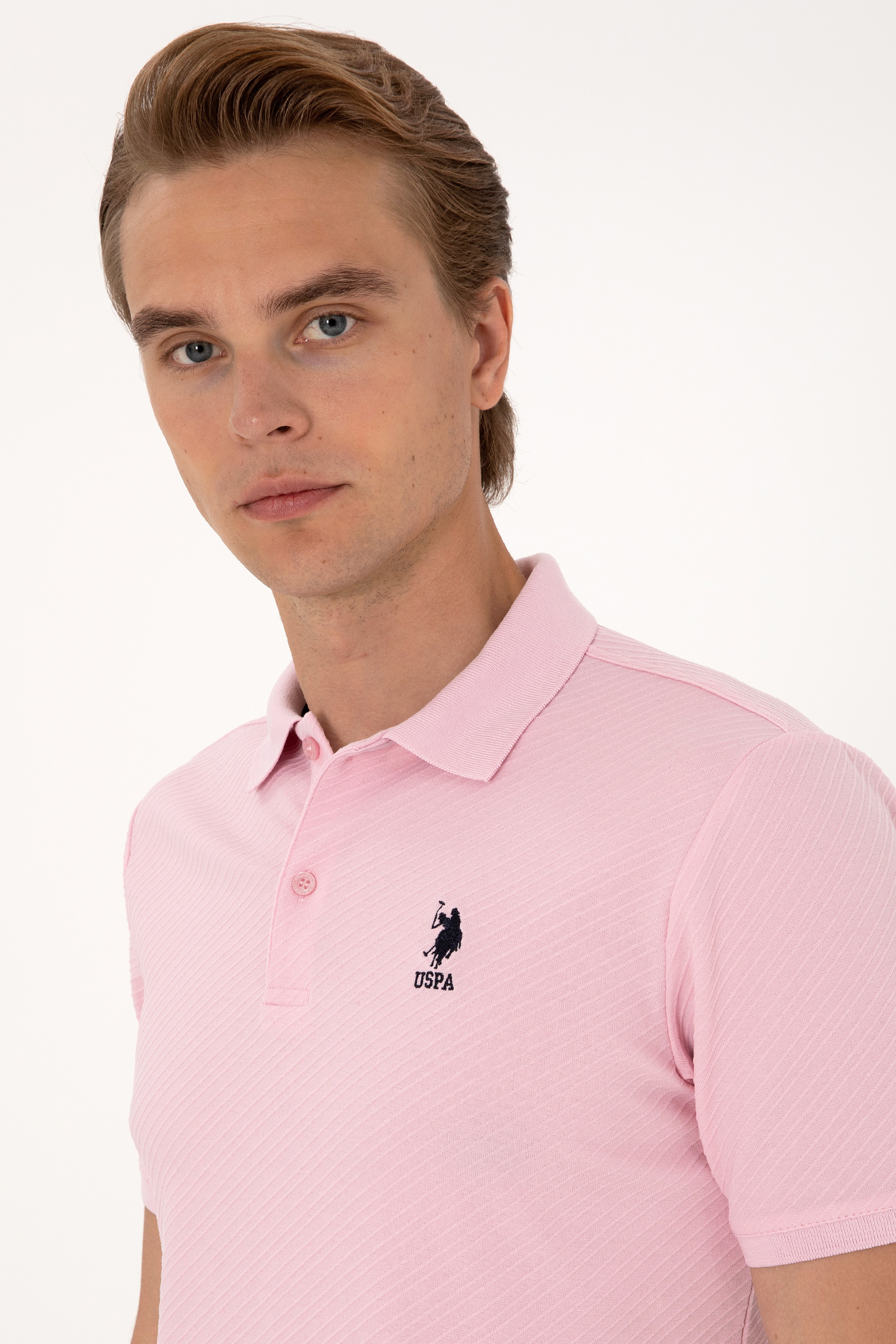 Erkek Regular Fit Açık Pembe Polo Yaka Dokulu Tişört - Image 2