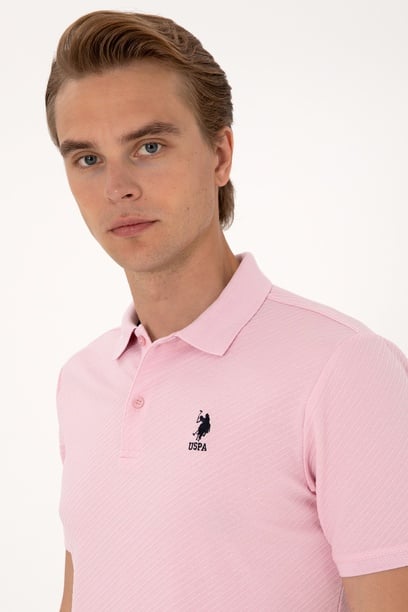 Erkek Regular Fit Açık Pembe Polo Yaka Dokulu Tişört