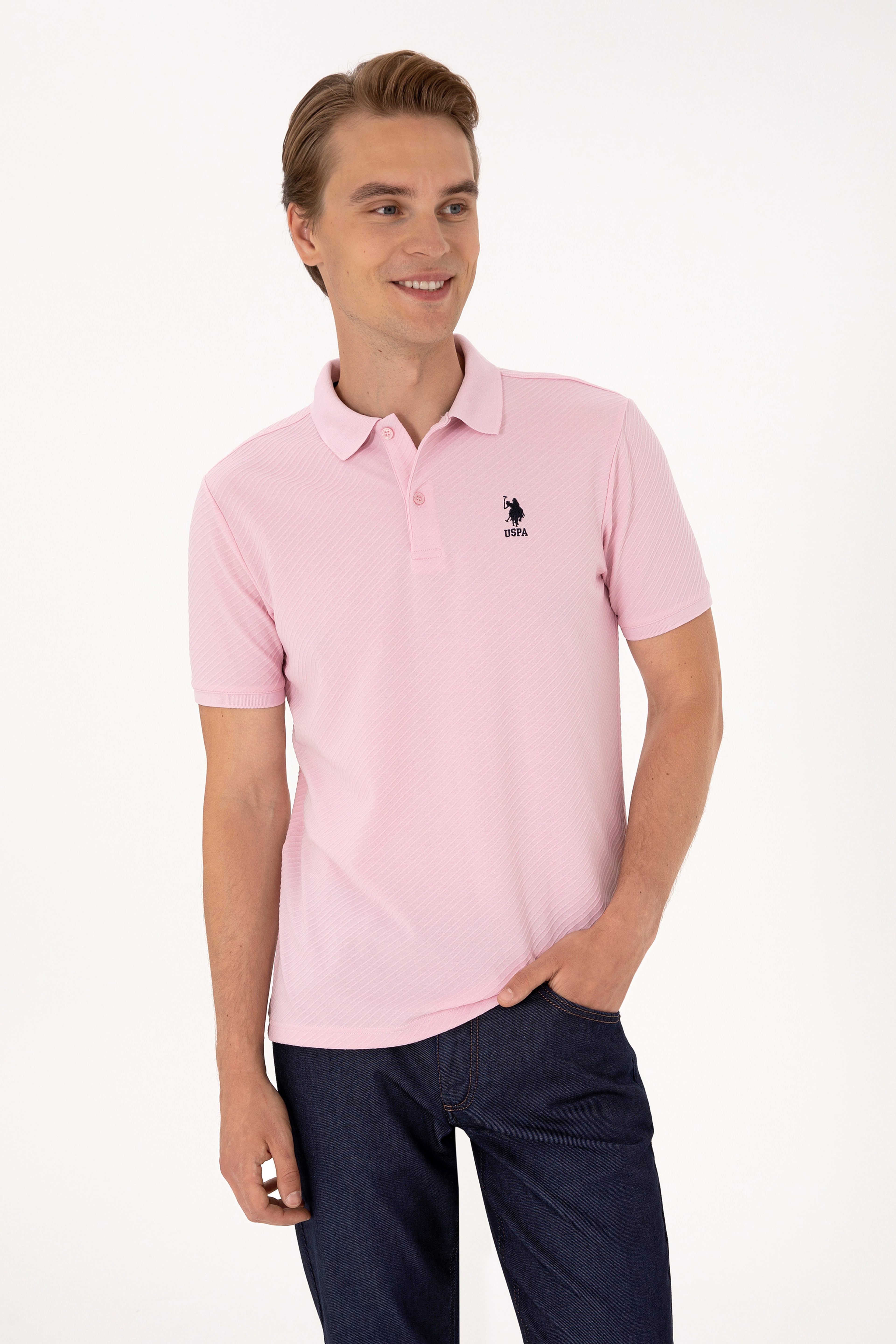 Erkek Regular Fit Açık Pembe Polo Yaka Dokulu Tişört - Image 1