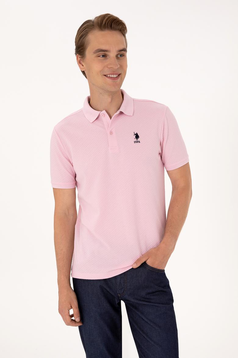 Erkek Regular Fit Açık Pembe Polo Yaka Dokulu Tişört