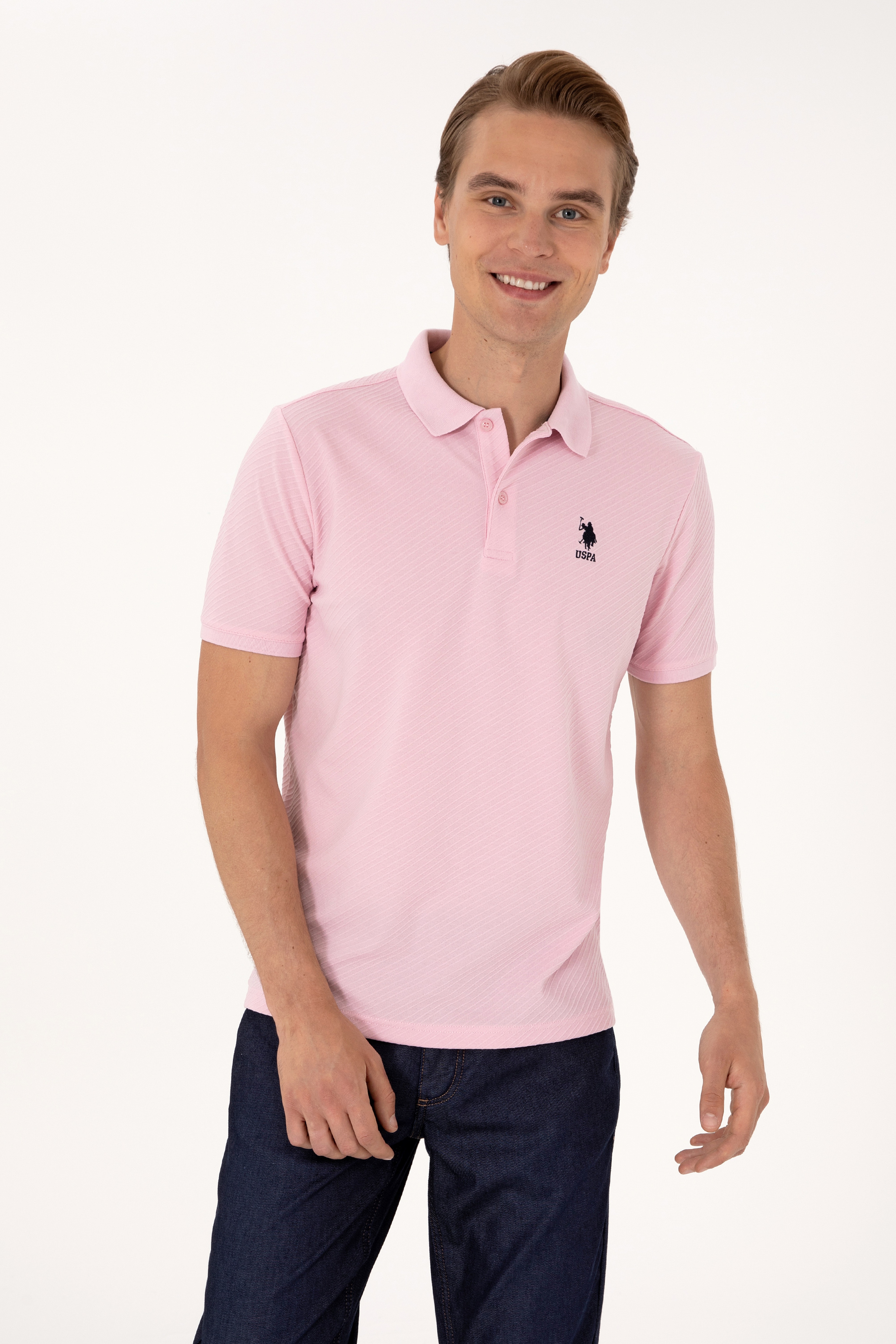Erkek Regular Fit Açık Pembe Polo Yaka Dokulu Tişört - Image 3