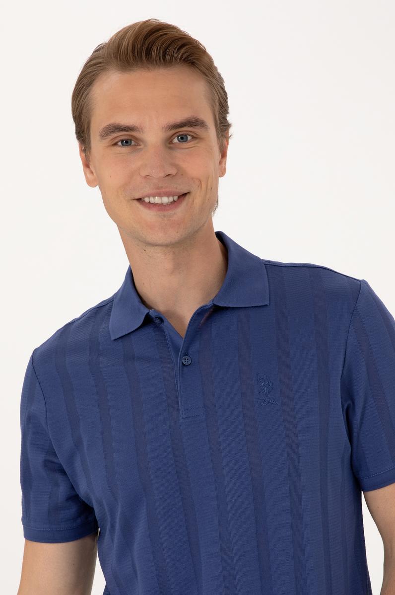 Erkek Regular Fit Açık Lacivert Polo Yaka Dokulu Tişört