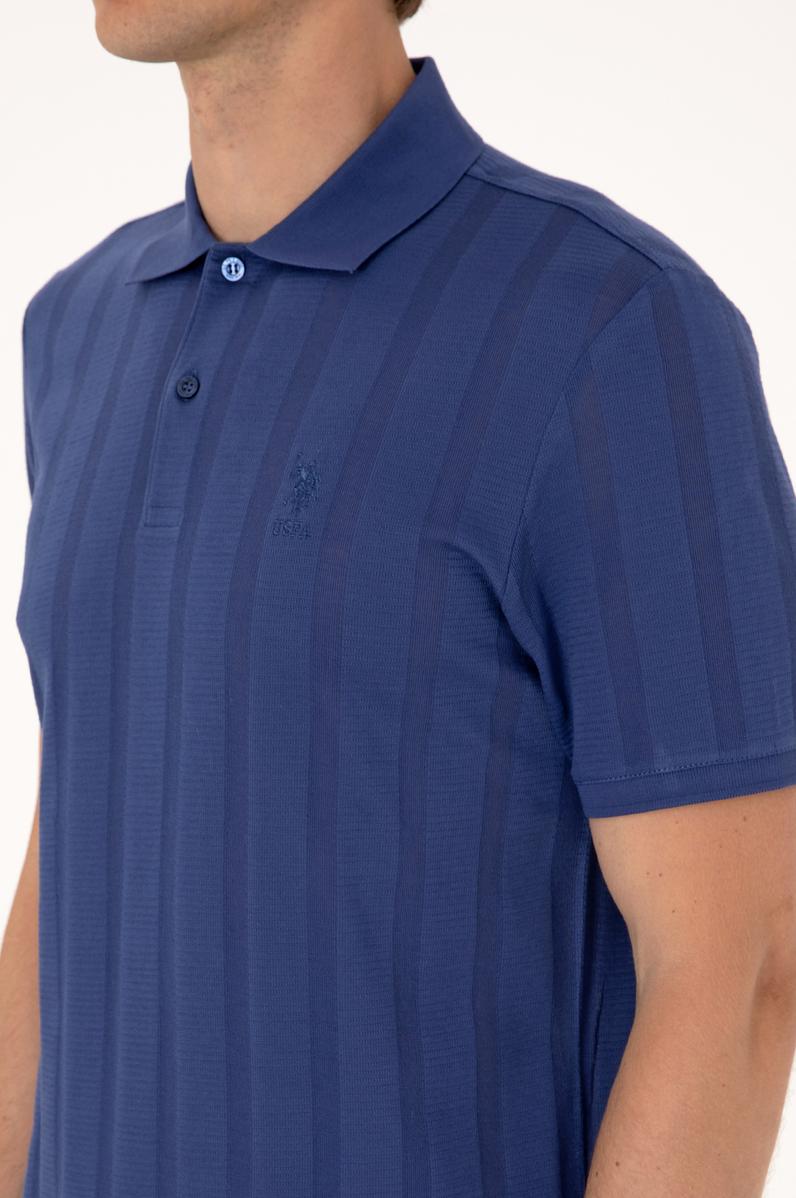 Erkek Regular Fit Açık Lacivert Polo Yaka Dokulu Tişört