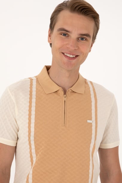 Erkek Regular Fit Ekru Polo Yaka Fermuarlı Tişört