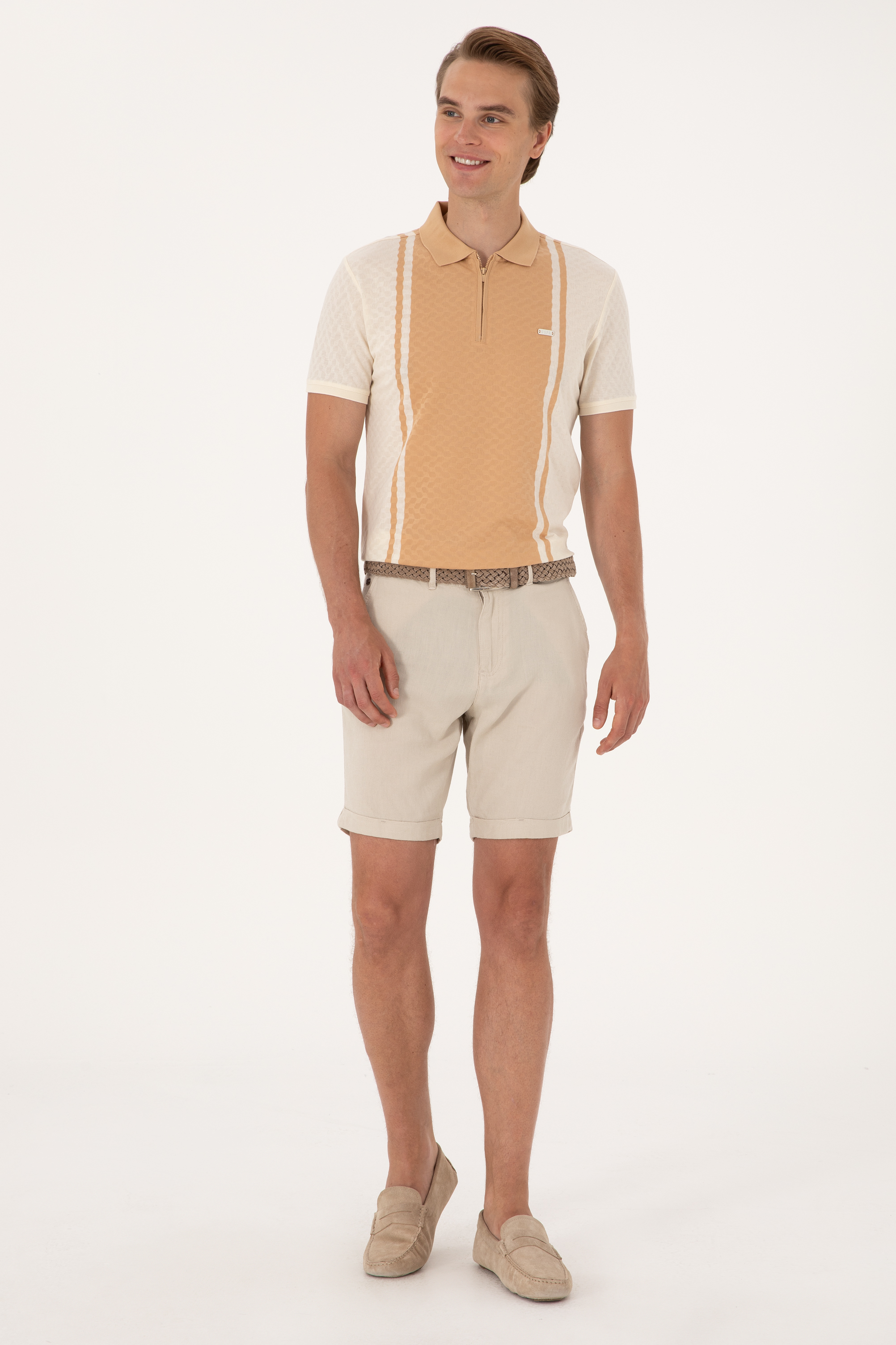 Erkek Regular Fit Ekru Polo Yaka Fermuarlı Tişört - Image 4