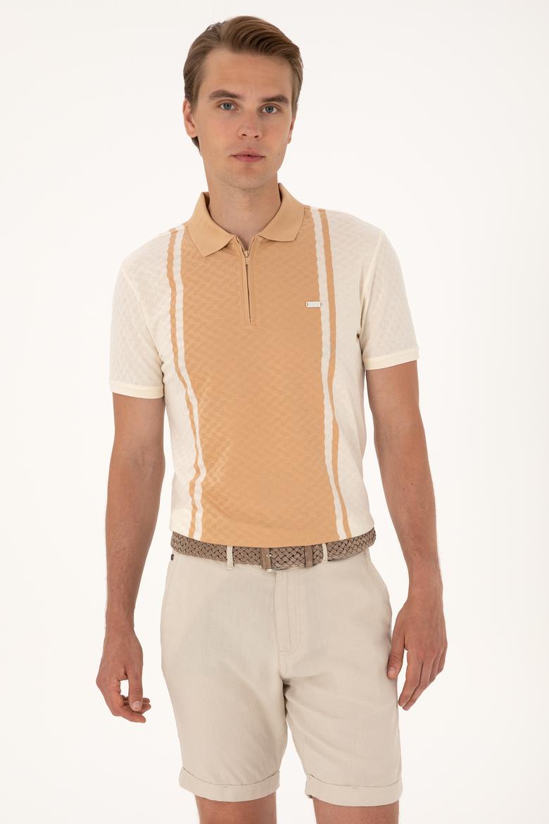Erkek Regular Fit Ekru Polo Yaka Fermuarlı Tişört