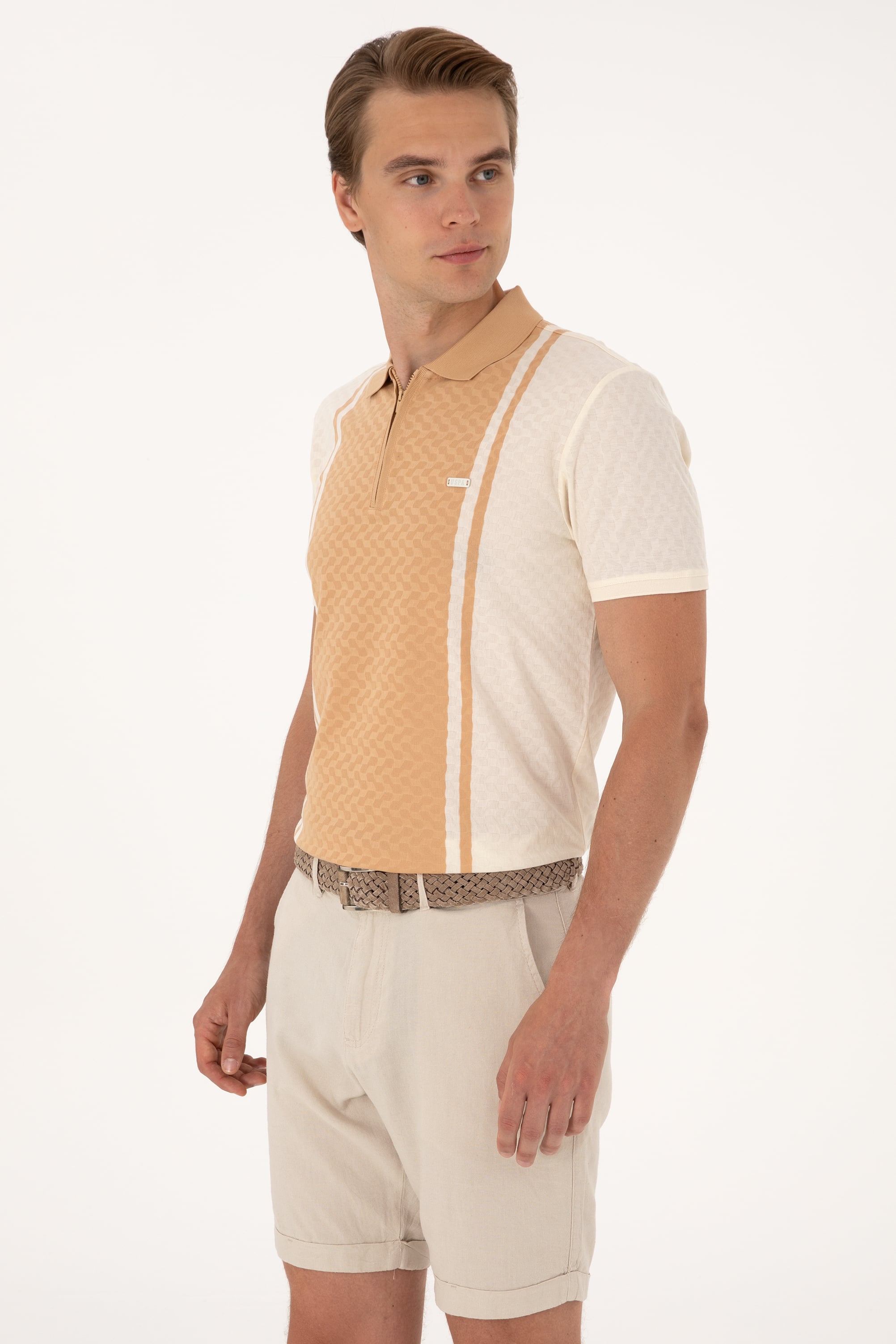 Erkek Regular Fit Ekru Polo Yaka Fermuarlı Tişört - Image 3